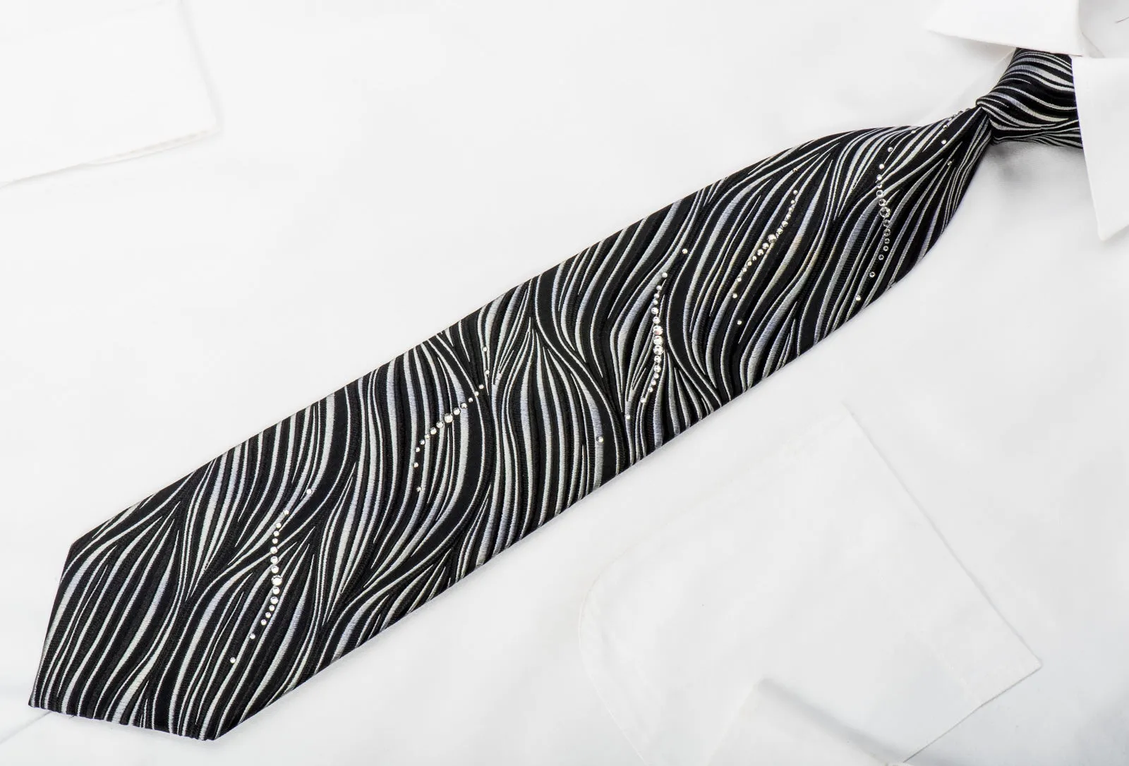 Pierre Cardin Studded Crystal Rhinestone Necktie Silver Zebra Stripes On Black