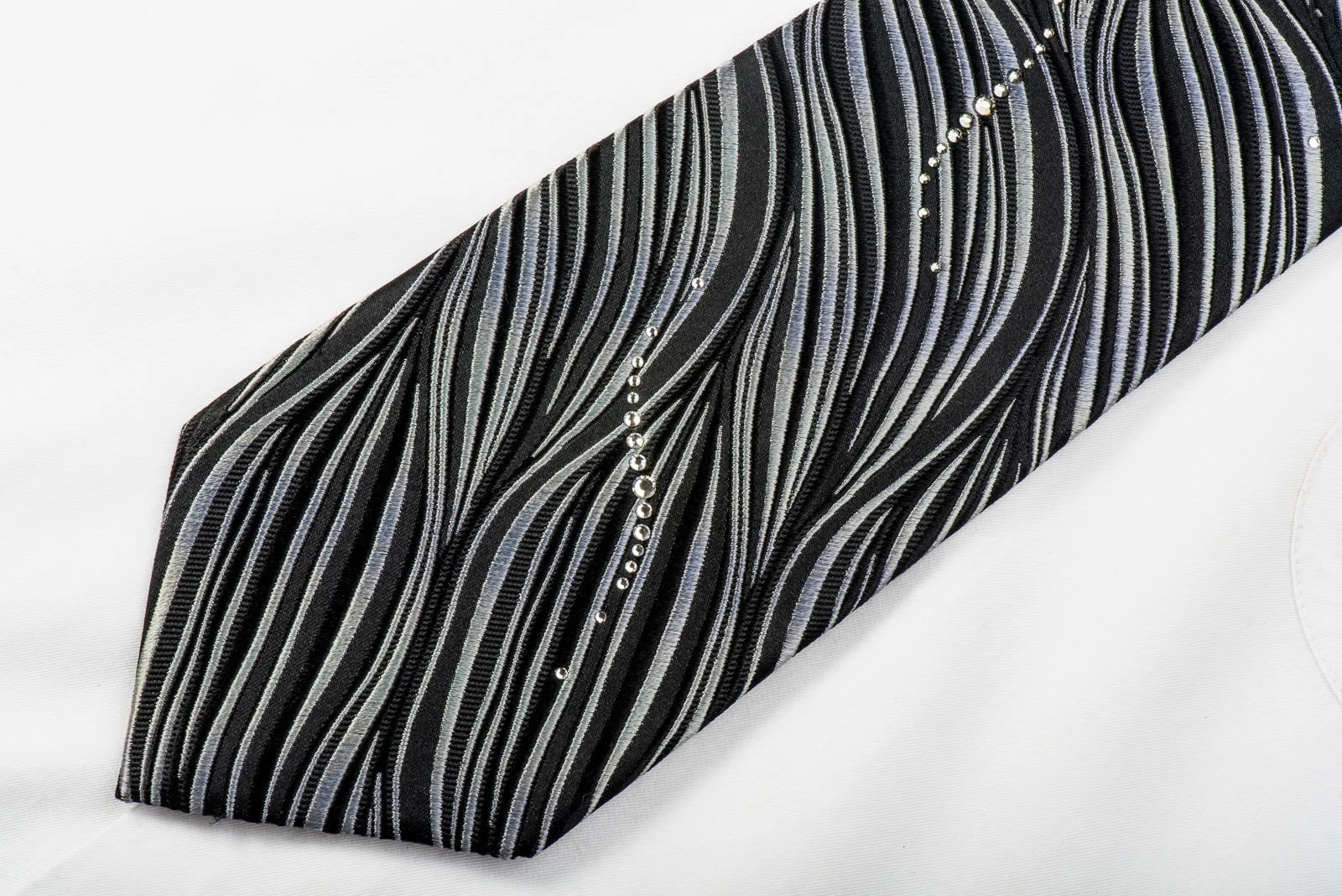 Pierre Cardin Studded Crystal Rhinestone Necktie Silver Zebra Stripes On Black