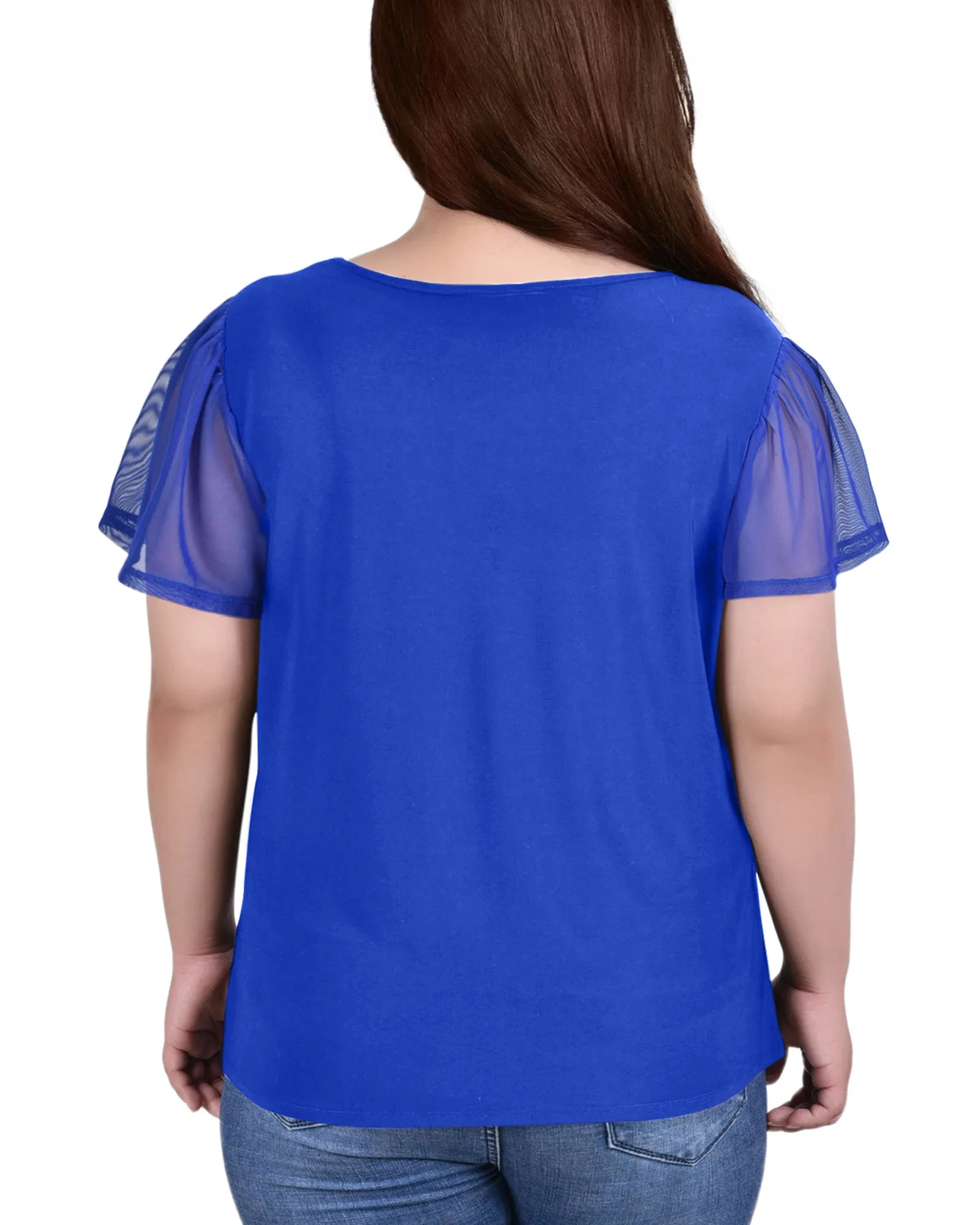 Plus Size Studded Short Flutter Sleeve Top With Mesh Details