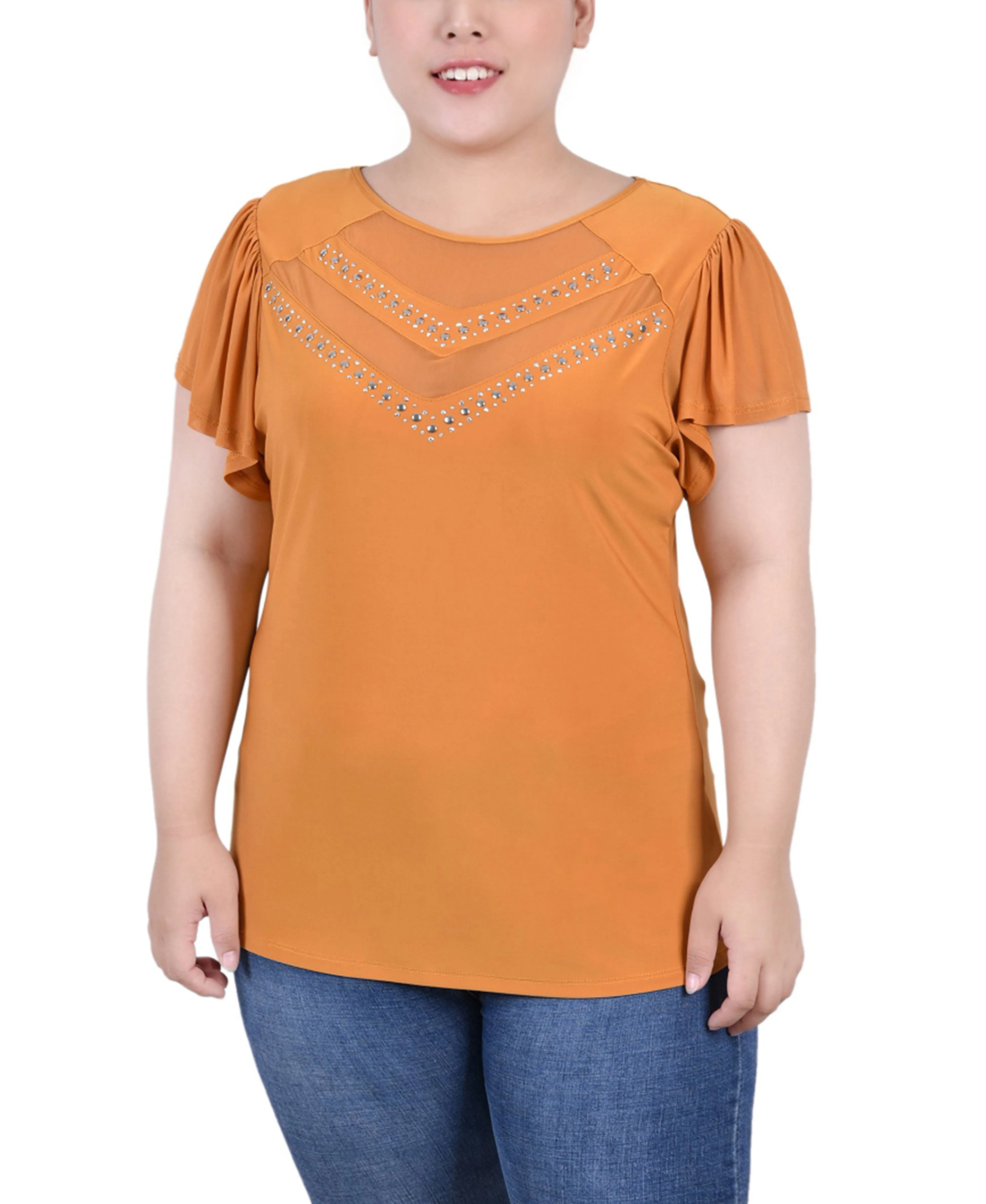 Plus Size Studded Short Flutter Sleeve Top With Mesh Details