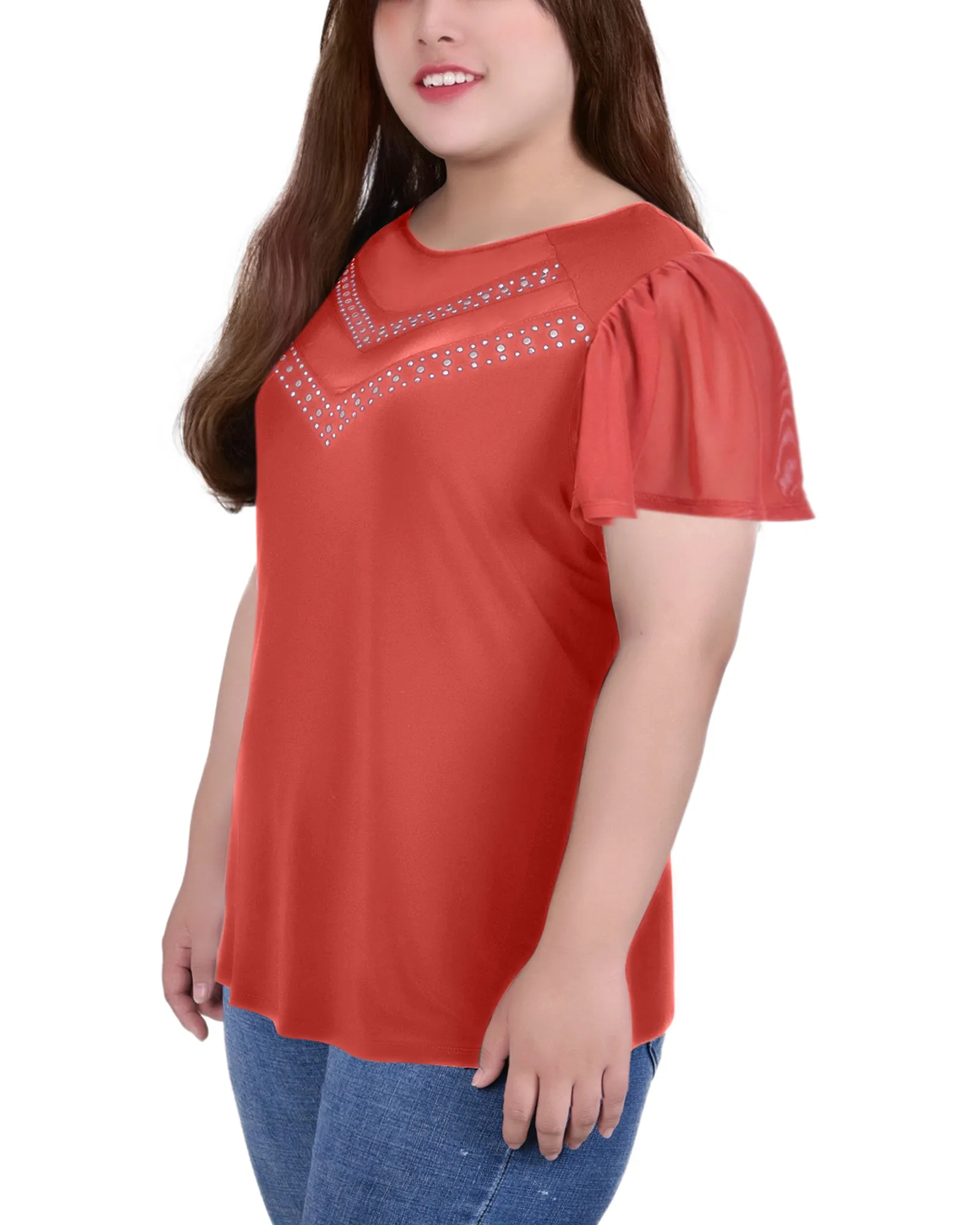 Plus Size Studded Short Flutter Sleeve Top With Mesh Details