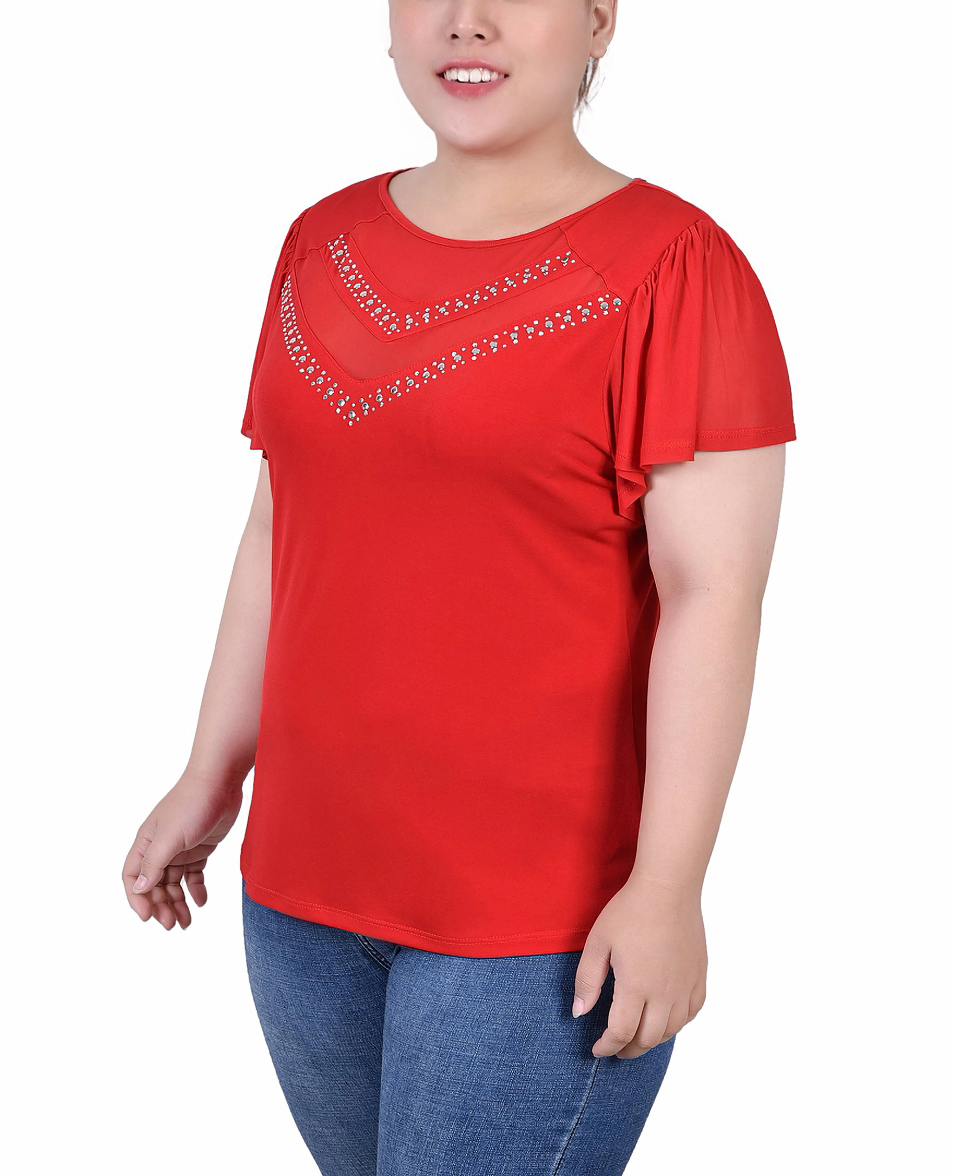 Plus Size Studded Short Flutter Sleeve Top With Mesh Details