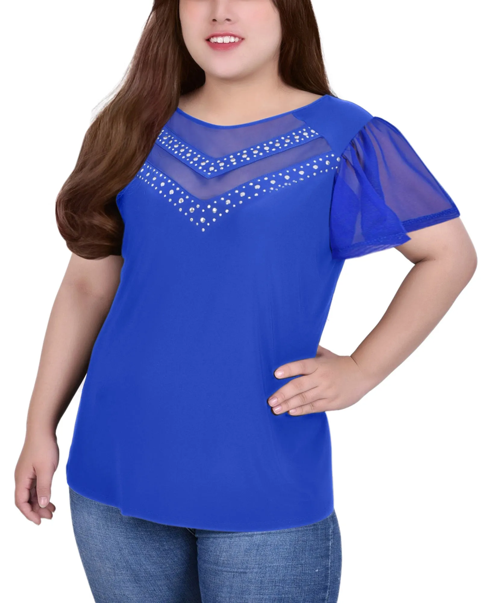 Plus Size Studded Short Flutter Sleeve Top With Mesh Details