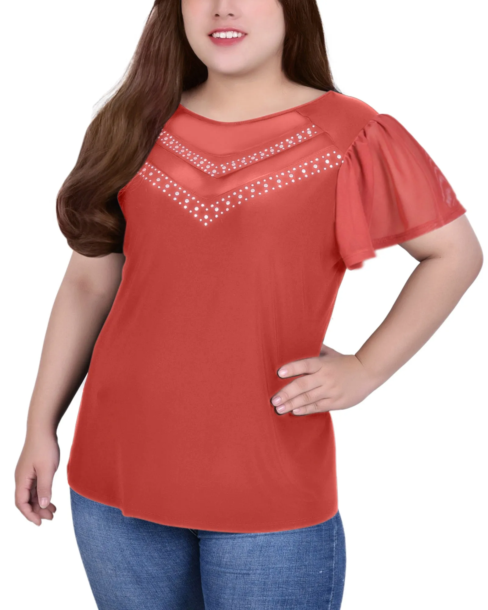 Plus Size Studded Short Flutter Sleeve Top With Mesh Details