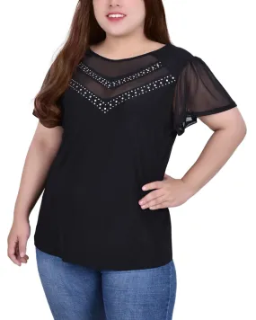 Plus Size Studded Short Flutter Sleeve Top With Mesh Details