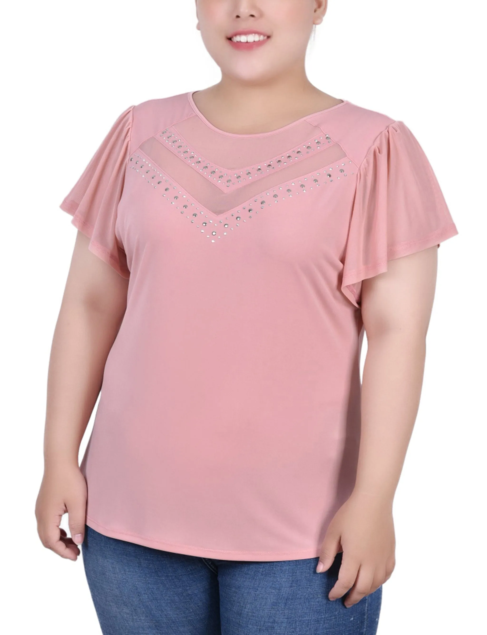 Plus Size Studded Short Flutter Sleeve Top With Mesh Details