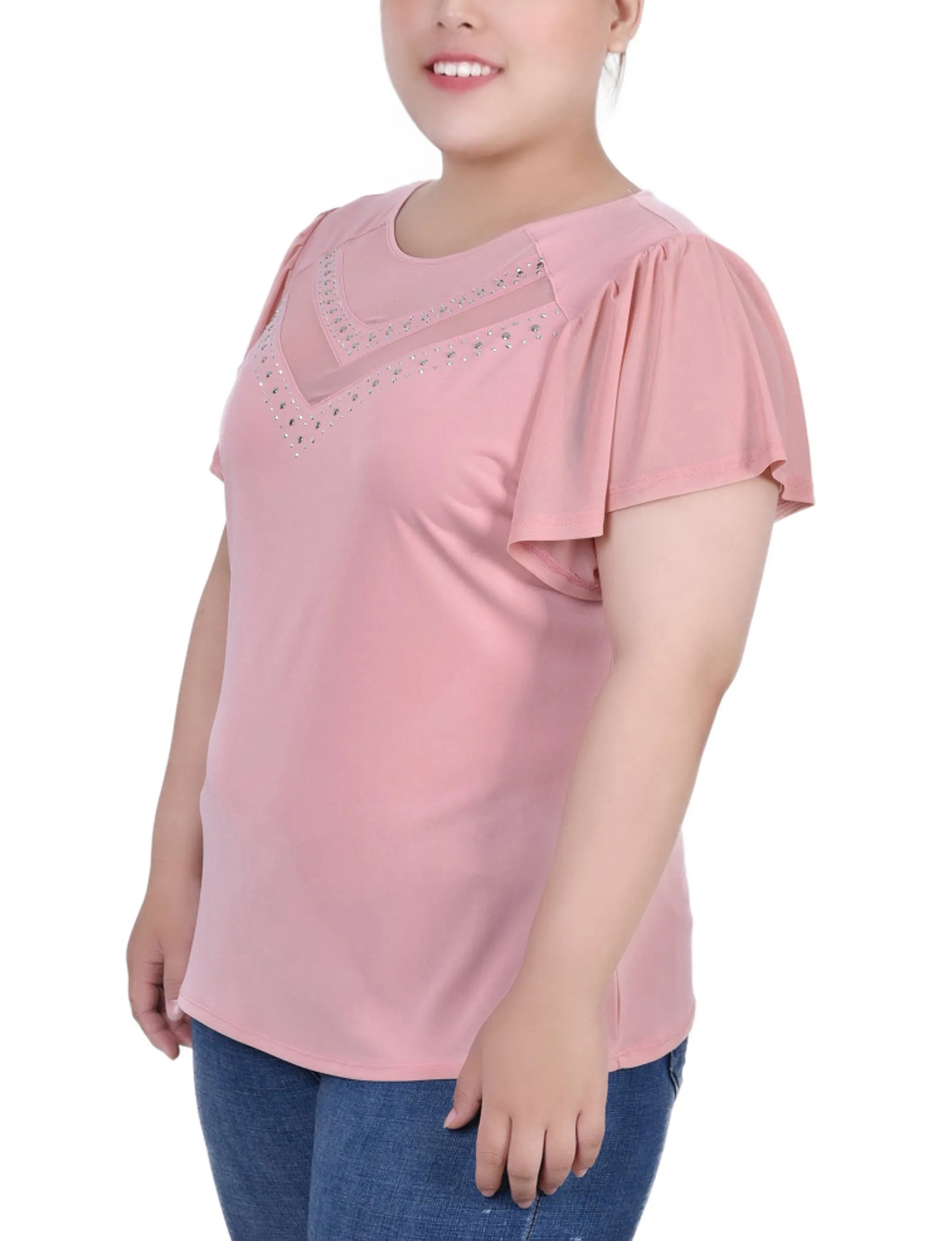 Plus Size Studded Short Flutter Sleeve Top With Mesh Details