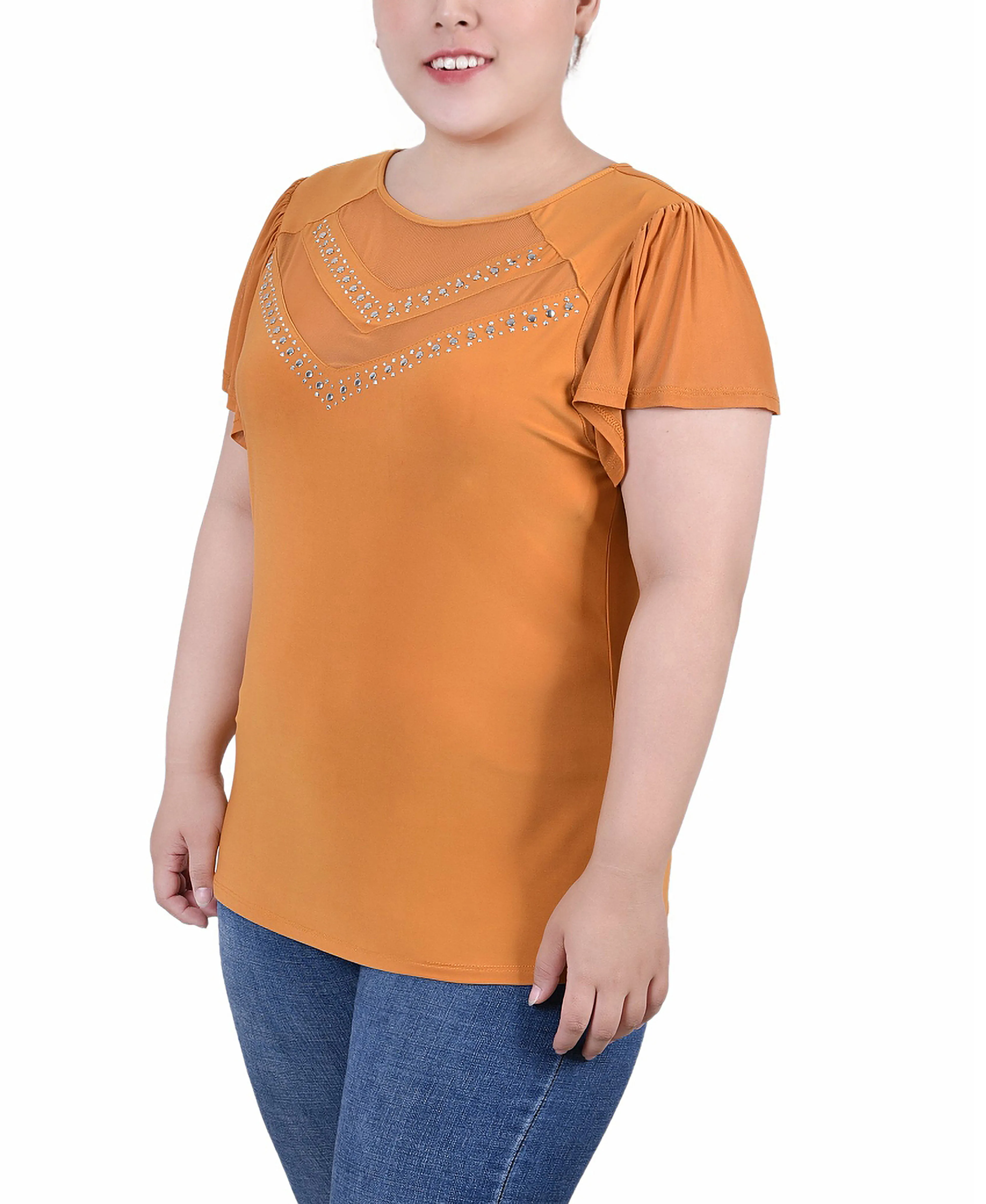 Plus Size Studded Short Flutter Sleeve Top With Mesh Details