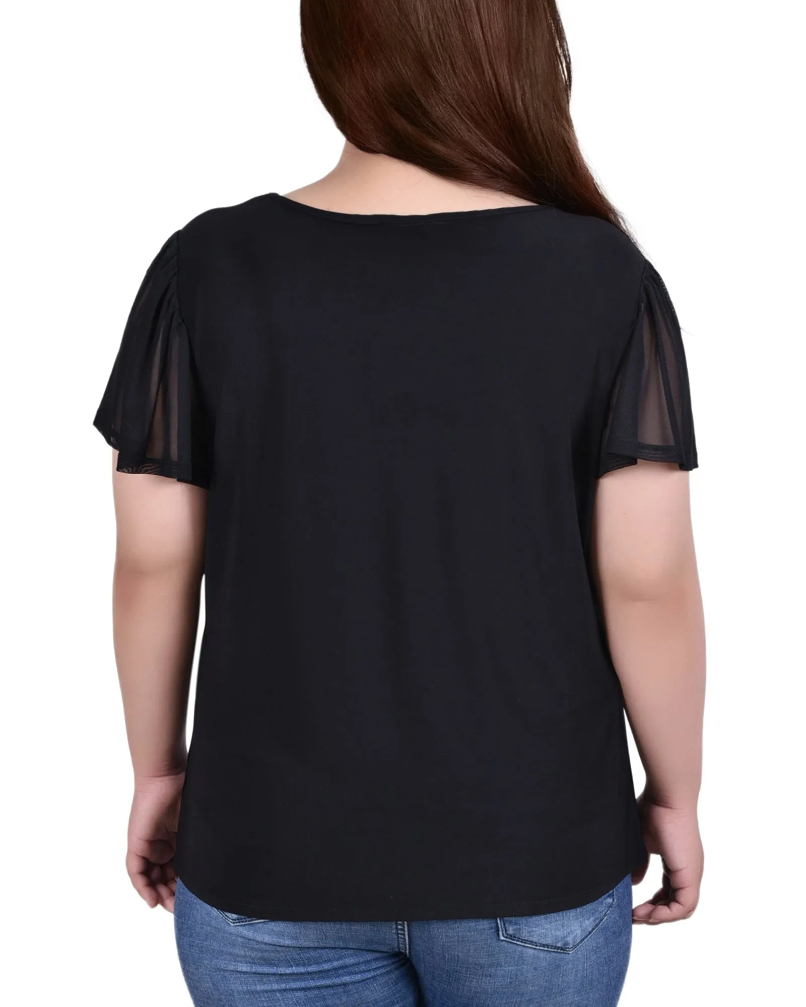 Plus Size Studded Short Flutter Sleeve Top With Mesh Details