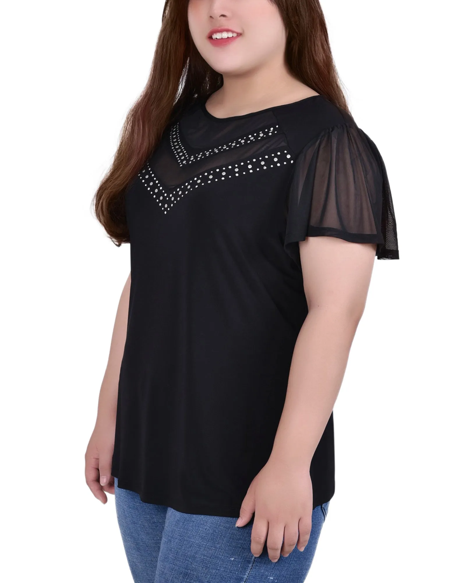 Plus Size Studded Short Flutter Sleeve Top With Mesh Details