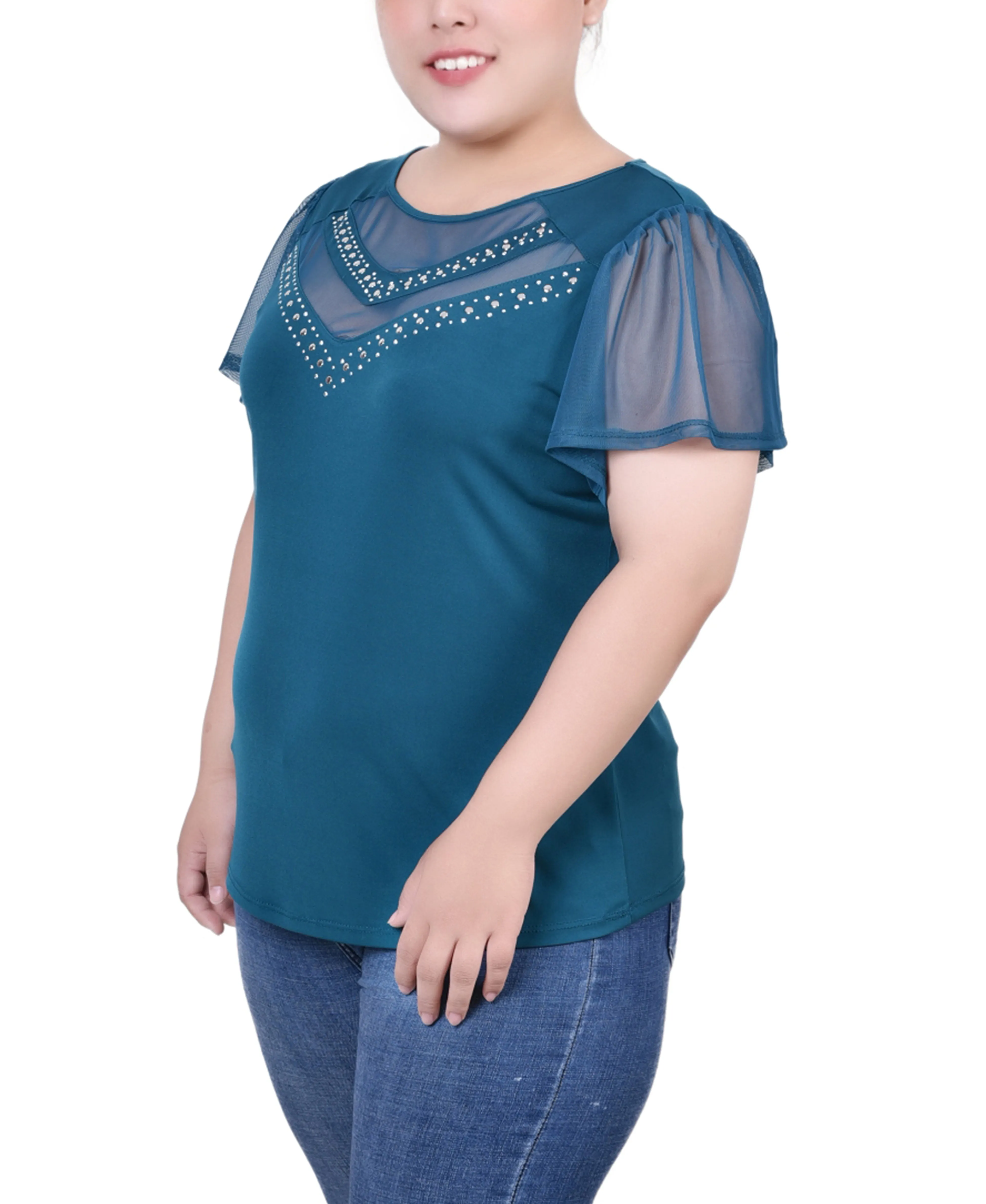 Plus Size Studded Short Flutter Sleeve Top With Mesh Details