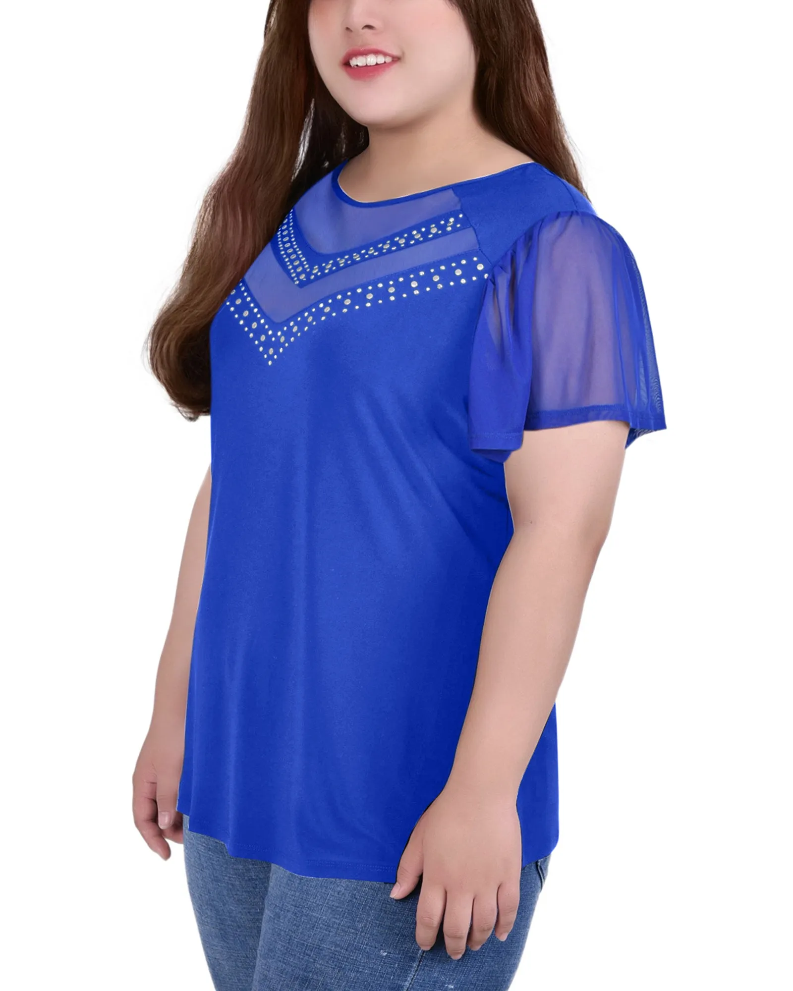 Plus Size Studded Short Flutter Sleeve Top With Mesh Details