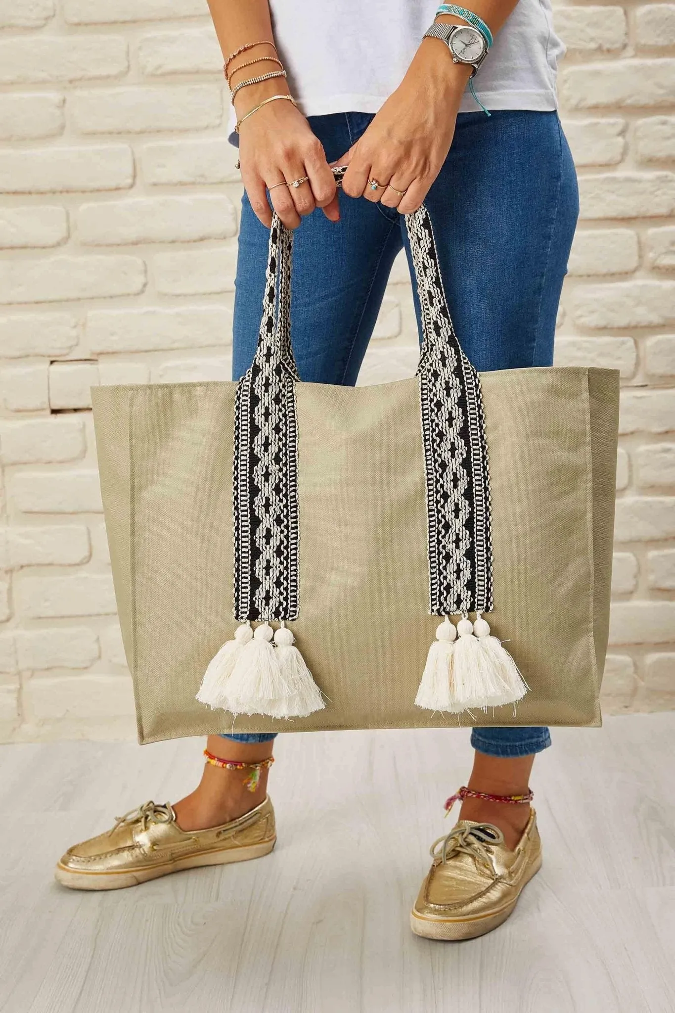 Polyamide Canvas Hand Shoulder Tote Bag with Tassels Casual Daily Bag Large Capacity Shopping Bag,C-15