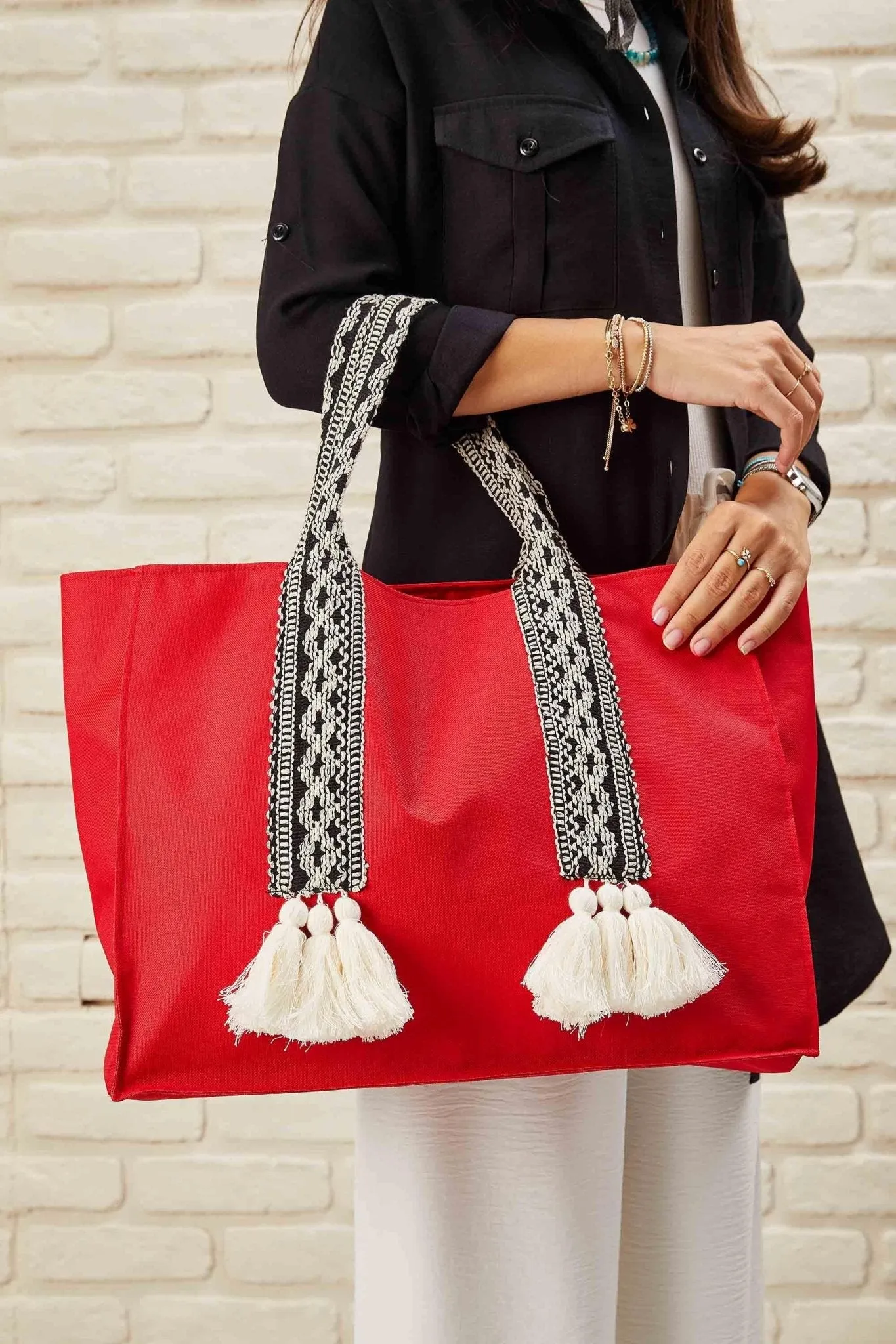 Polyamide Canvas Hand Shoulder Tote Bag with Tassels Casual Daily Bag Large Capacity Shopping Bag,C-15