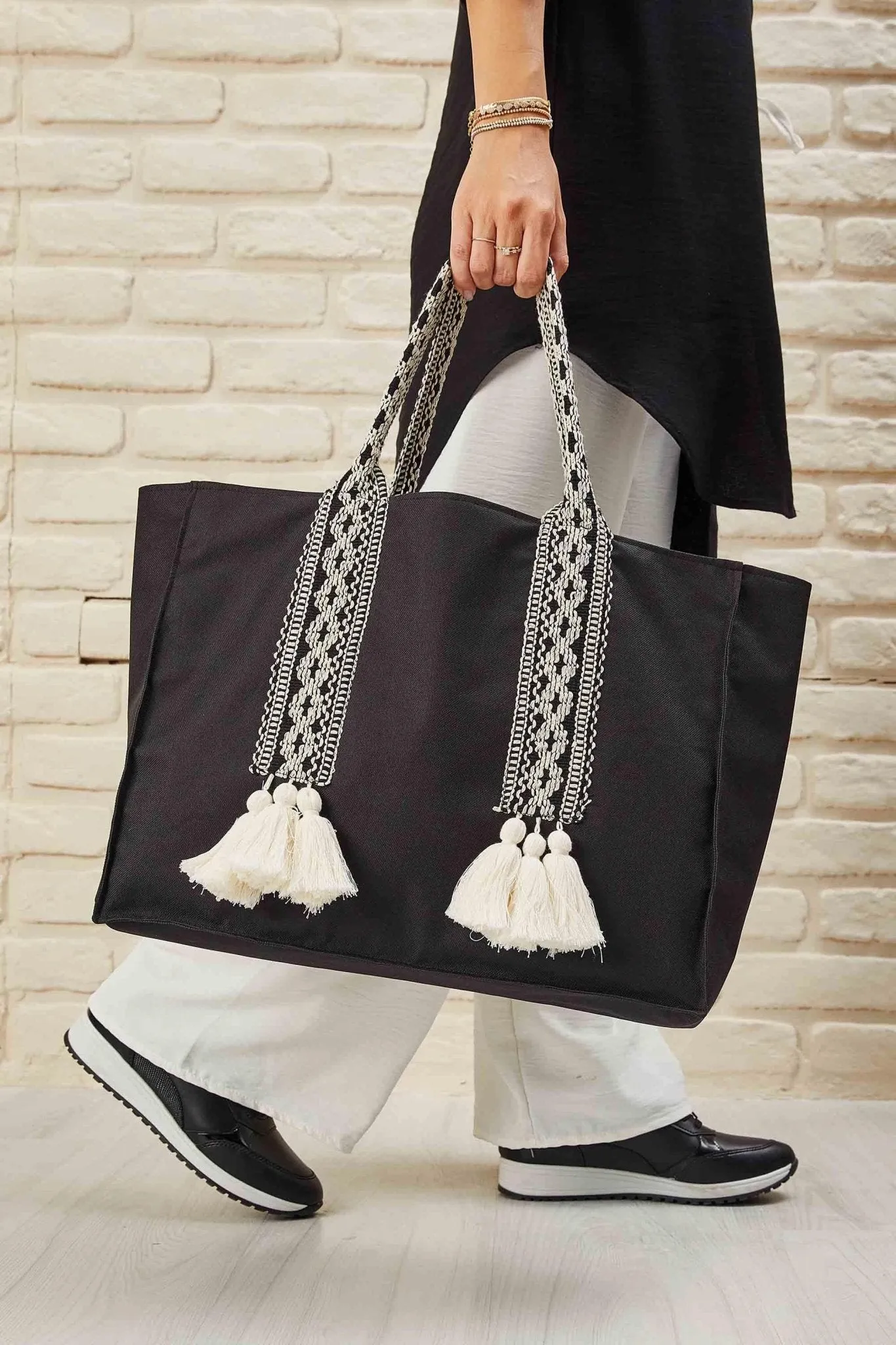 Polyamide Canvas Hand Shoulder Tote Bag with Tassels Casual Daily Bag Large Capacity Shopping Bag,C-15