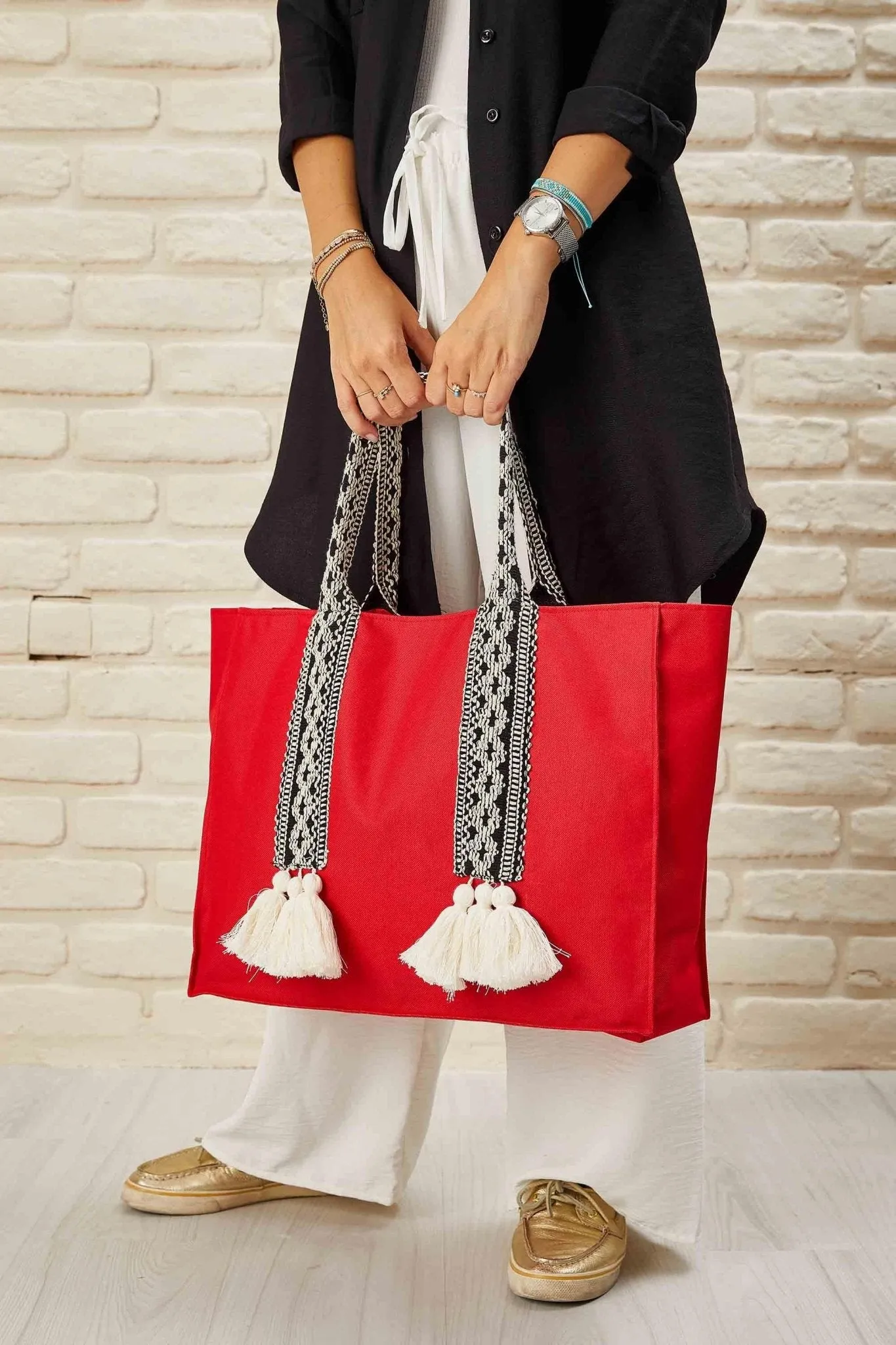 Polyamide Canvas Hand Shoulder Tote Bag with Tassels Casual Daily Bag Large Capacity Shopping Bag,C-15