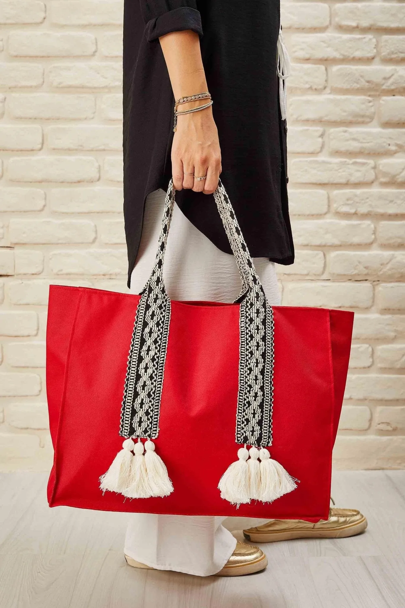 Polyamide Canvas Hand Shoulder Tote Bag with Tassels Casual Daily Bag Large Capacity Shopping Bag,C-15