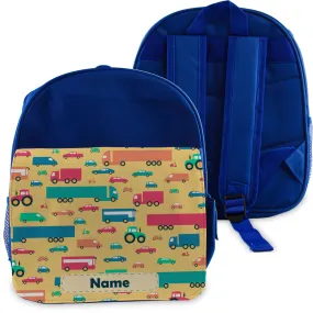 Printed Kids Blue Backpack with Vehicle Design, Customise with Any Name