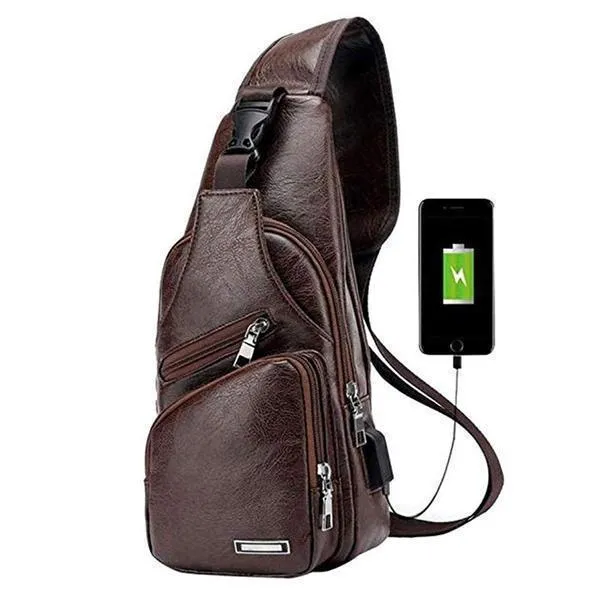 PU Leather Sling Bag with USB Port