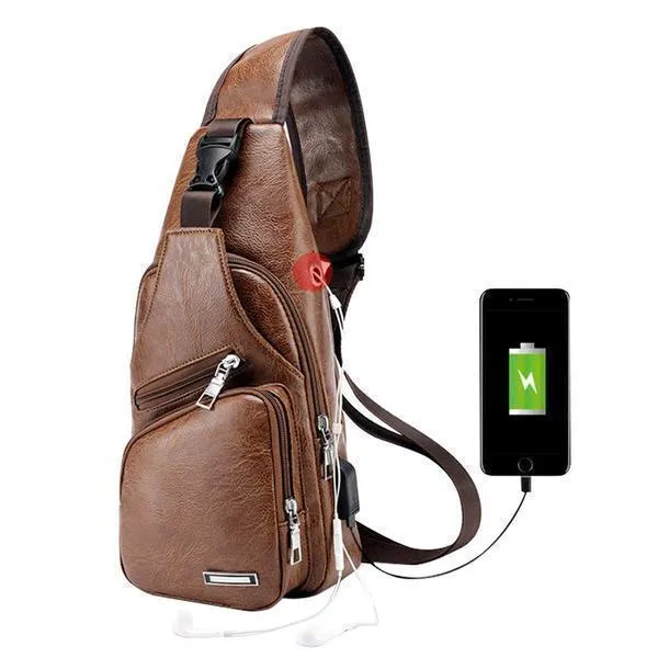 PU Leather Sling Bag with USB Port