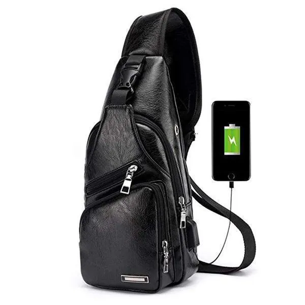 PU Leather Sling Bag with USB Port