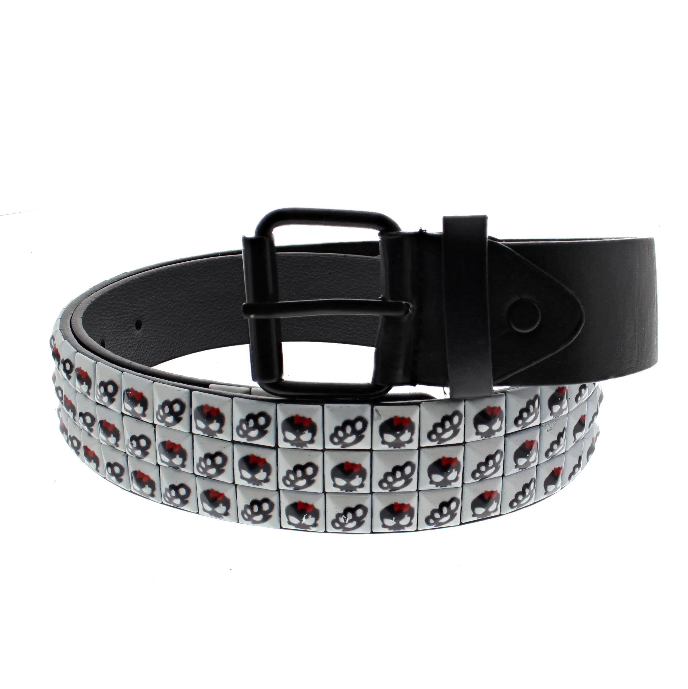 Punk Skull & Knuckle Dusters on White 3 Row Pyramid Belt