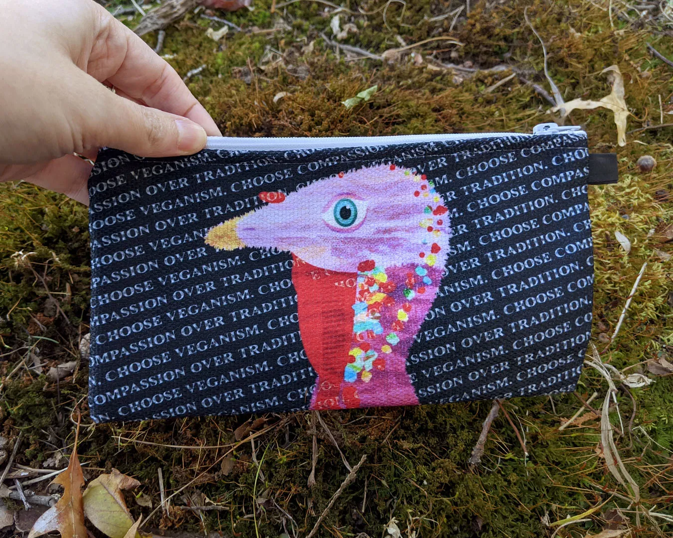 "Choose Compassion Over Tradition" Small Zipper Pouch - Turkey Pencil Case - Vegan Makeup Bag