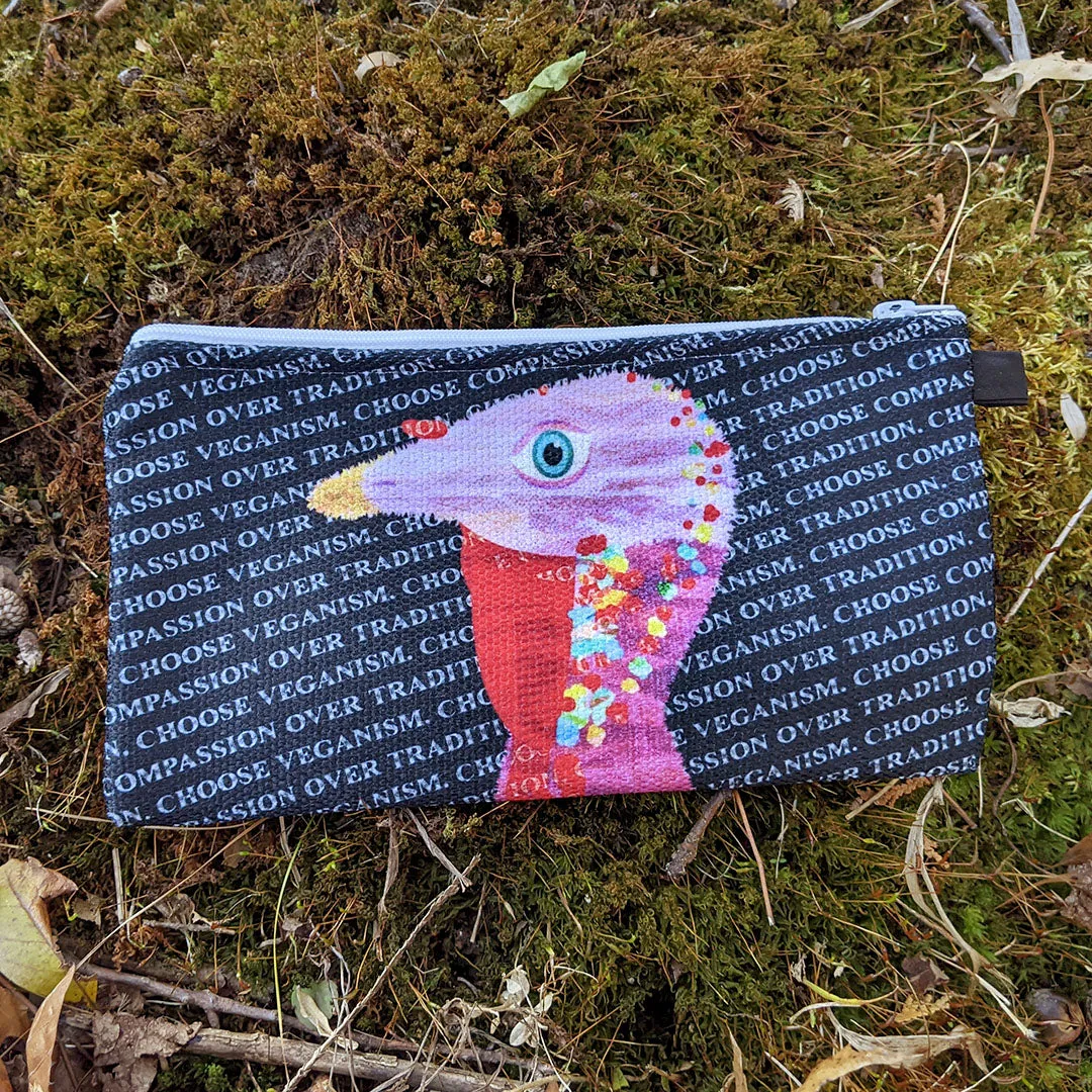 "Choose Compassion Over Tradition" Small Zipper Pouch - Turkey Pencil Case - Vegan Makeup Bag