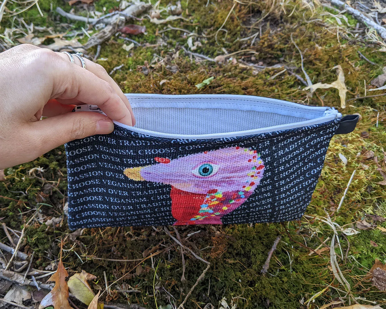 "Choose Compassion Over Tradition" Small Zipper Pouch - Turkey Pencil Case - Vegan Makeup Bag