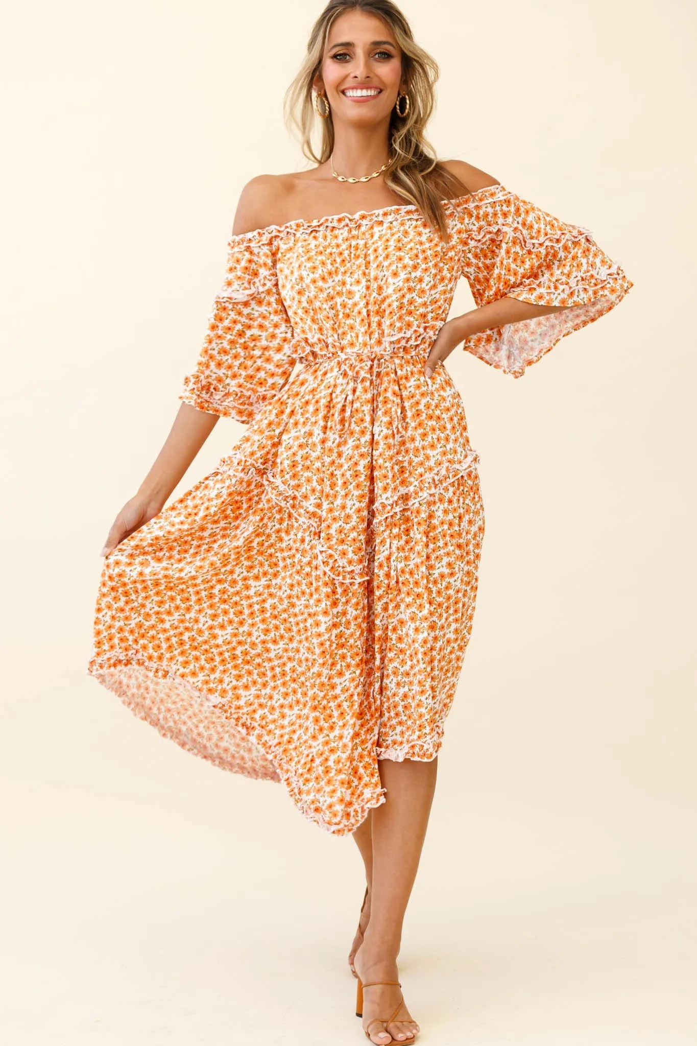 Renoir Off-Shoulder Frill Trim Dress Floral Print Orange