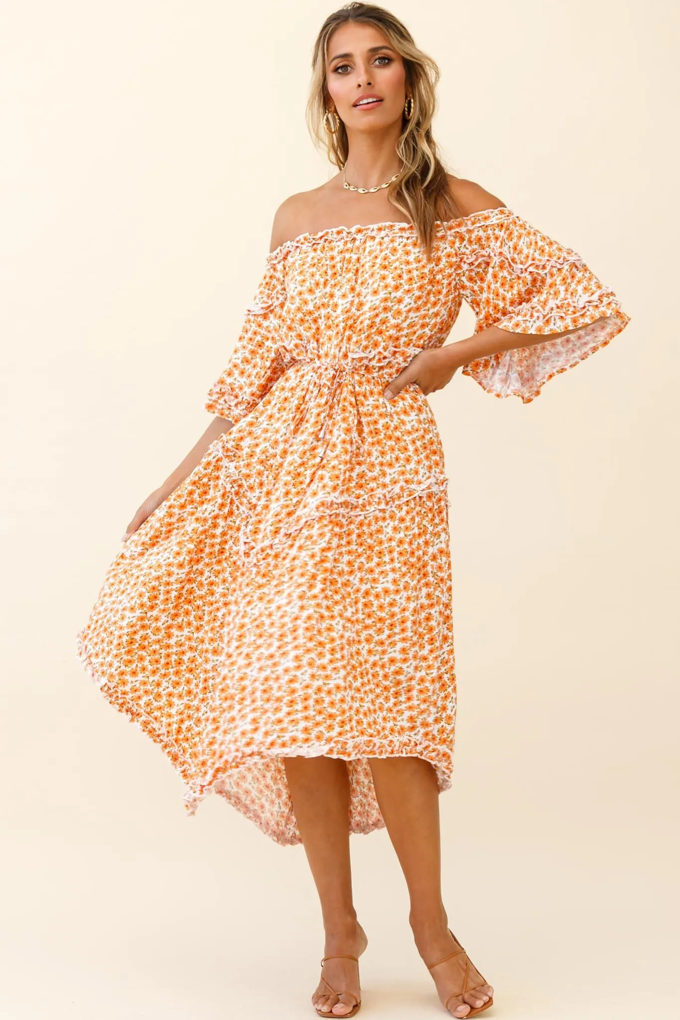 Renoir Off-Shoulder Frill Trim Dress Floral Print Orange