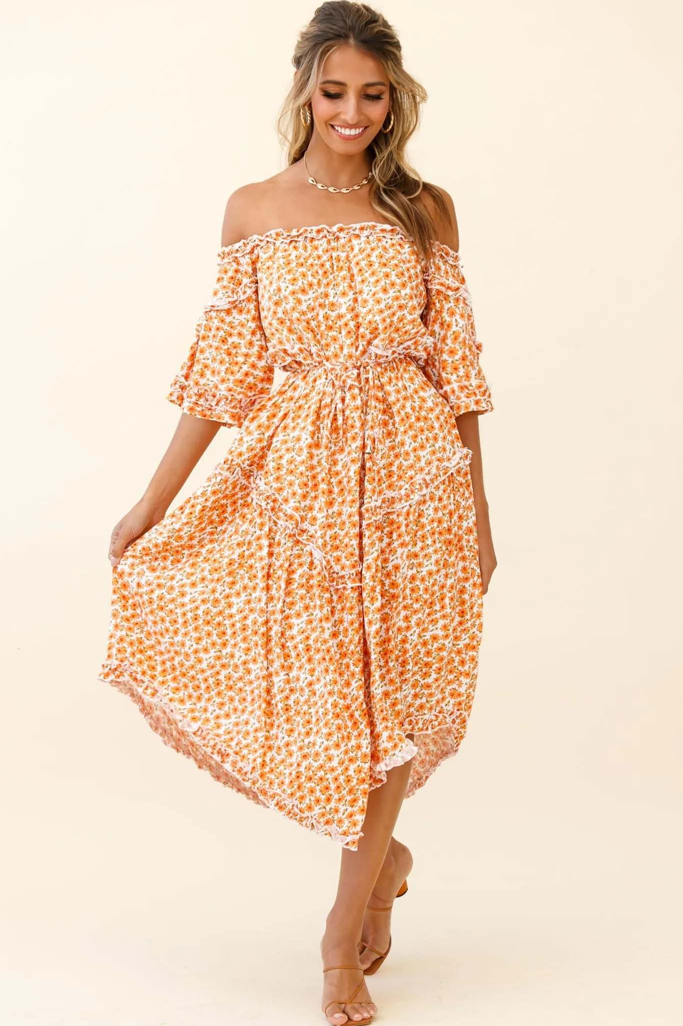 Renoir Off-Shoulder Frill Trim Dress Floral Print Orange