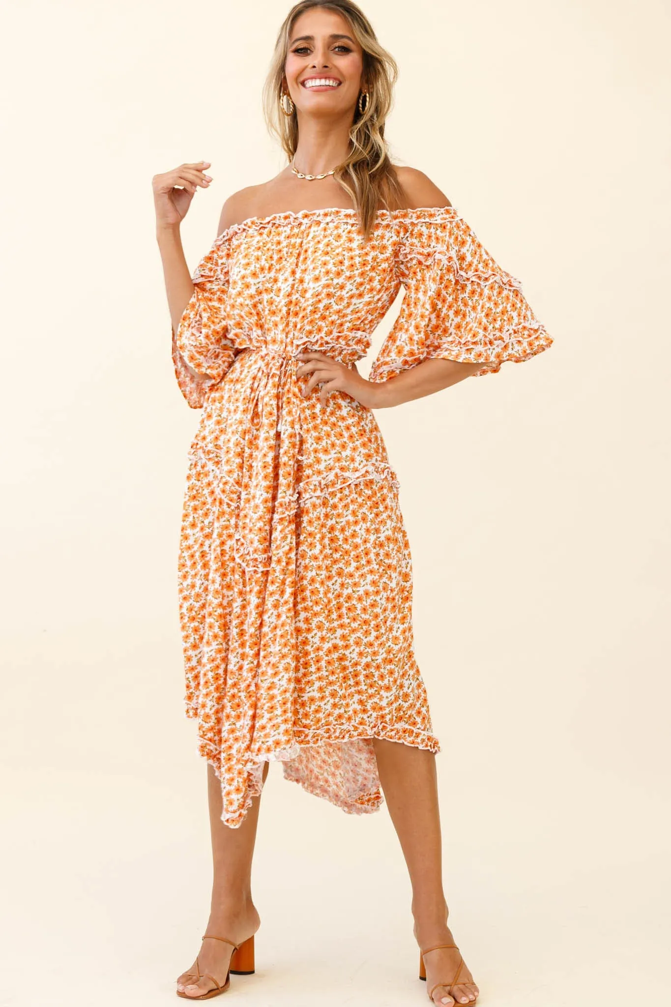 Renoir Off-Shoulder Frill Trim Dress Floral Print Orange