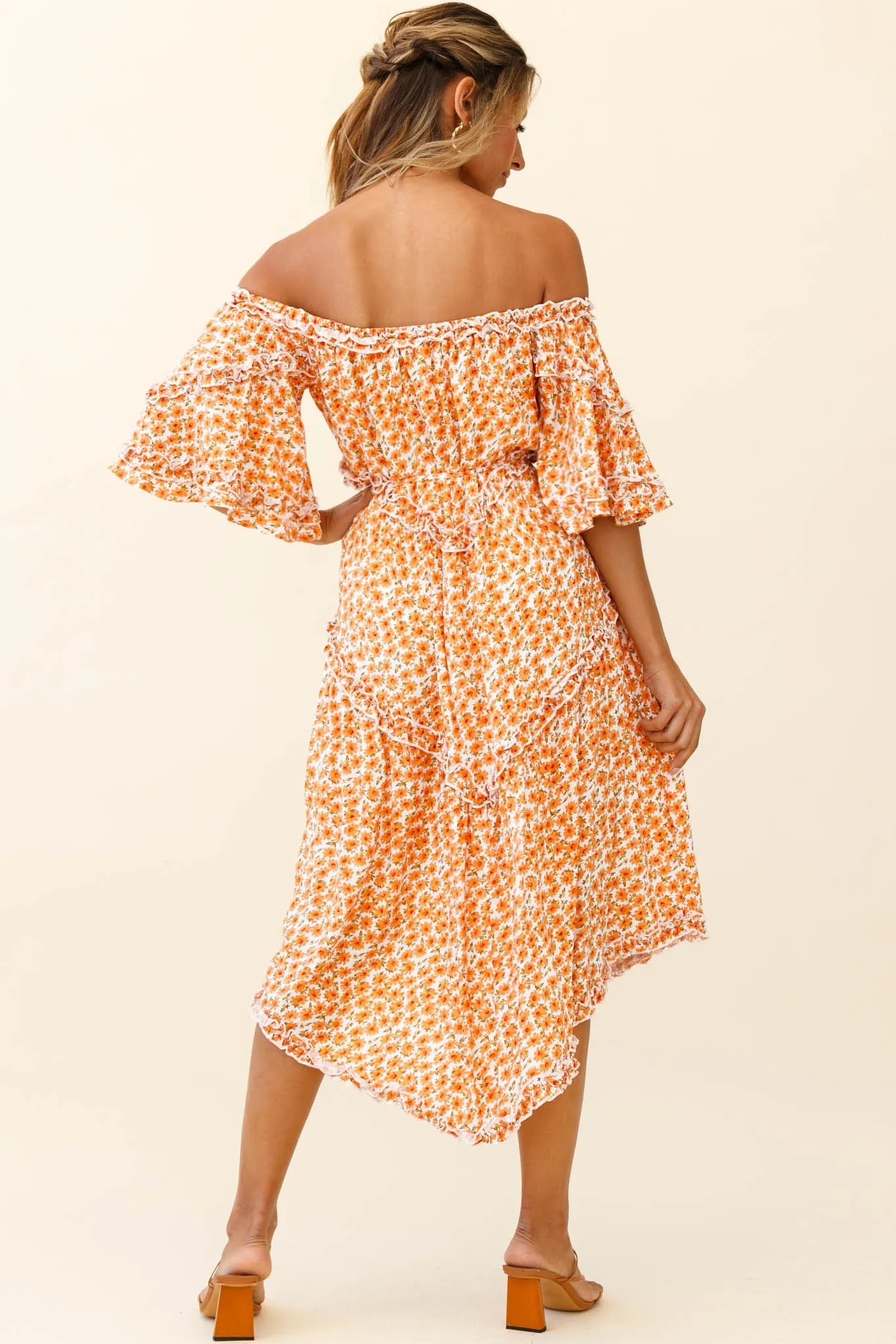 Renoir Off-Shoulder Frill Trim Dress Floral Print Orange