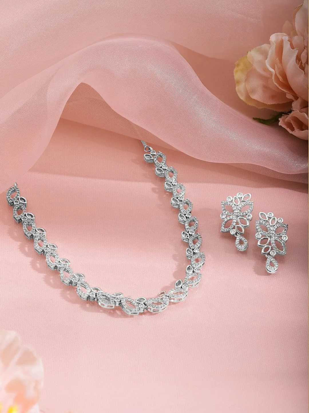 Rhodium-Plated Cubic Zirconia Studded Jewellery Set