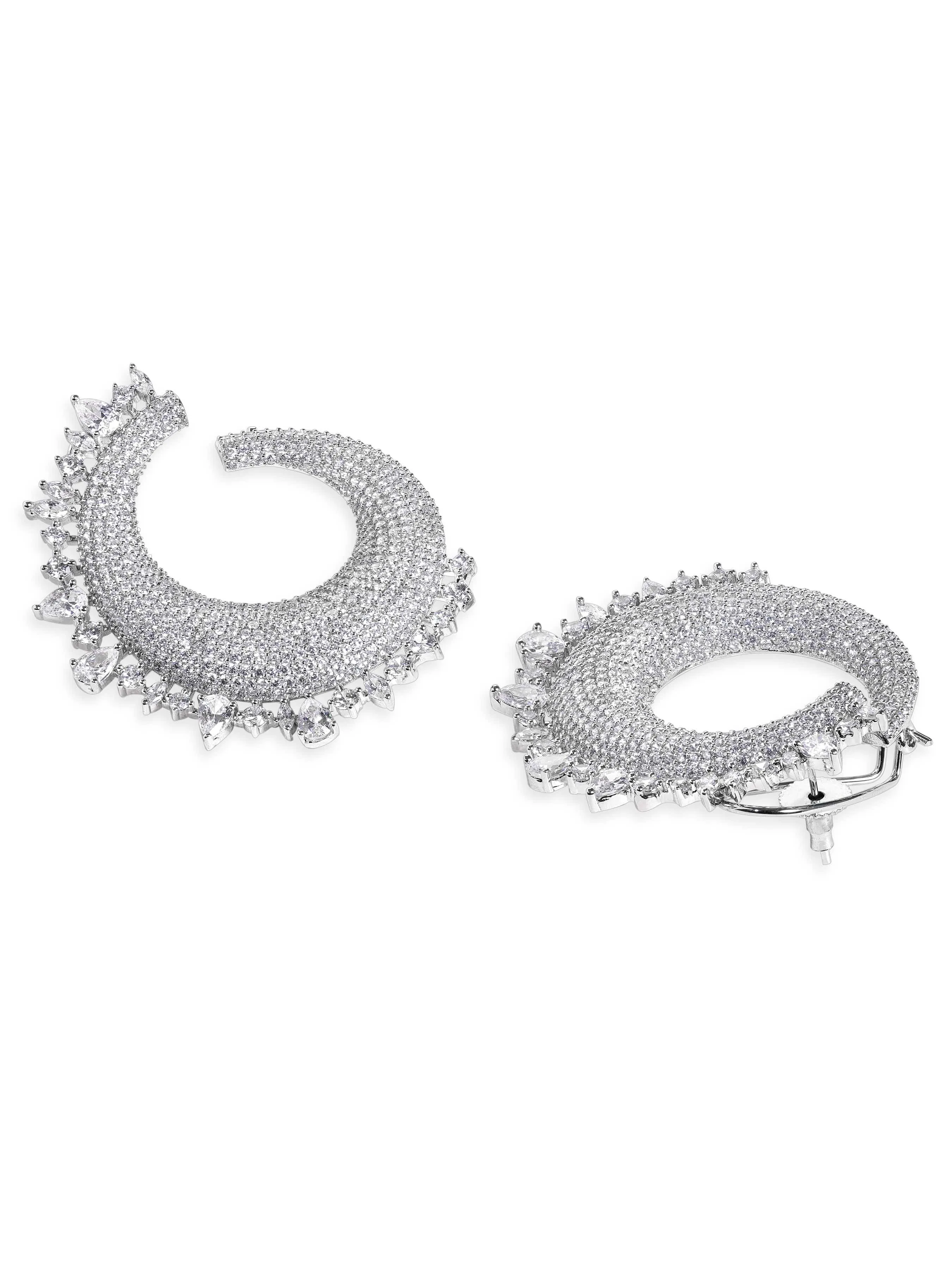 Rhodium Plated CZ Stone Studded Chandbali Earrings