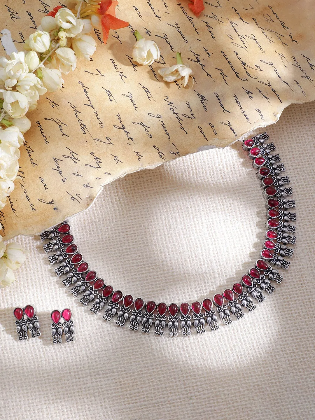 Rhodium-Plated Stone-Studded Oxidised Necklace Set