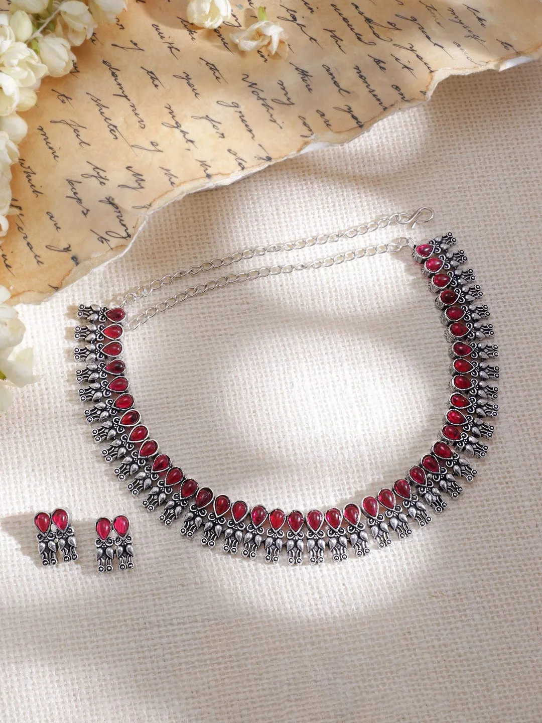 Rhodium-Plated Stone-Studded Oxidised Necklace Set