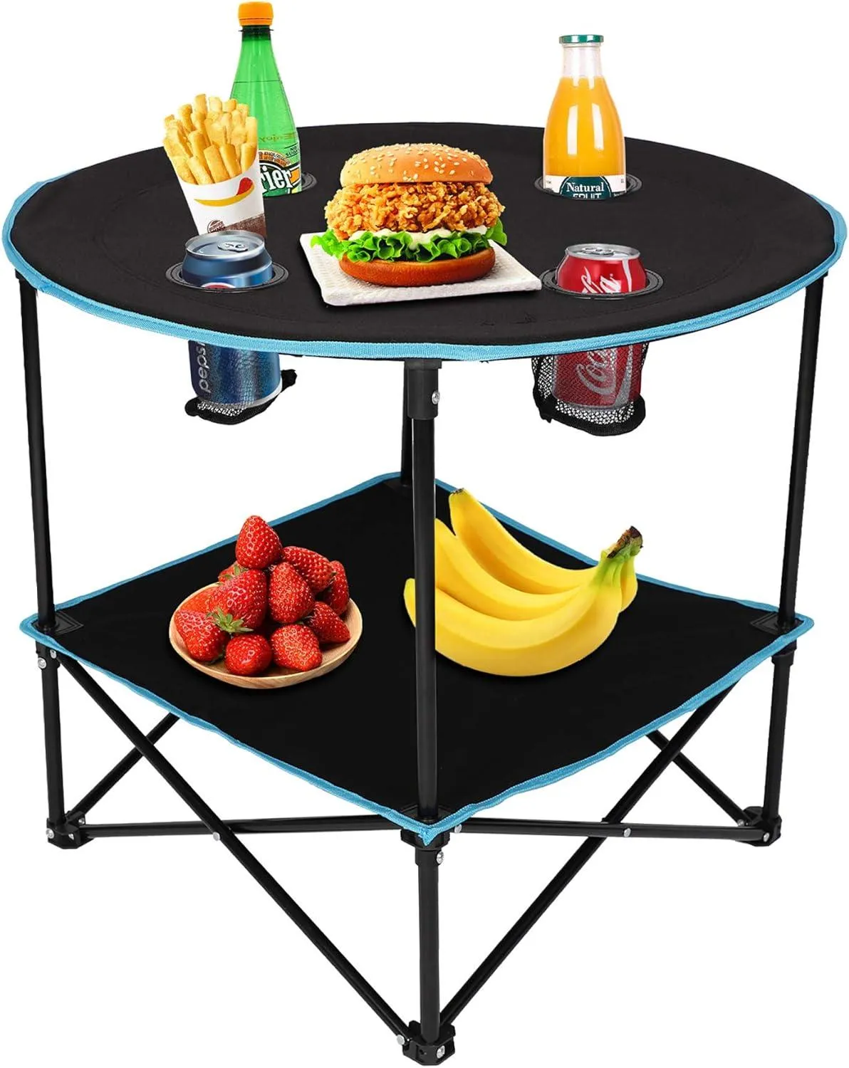 Round Outdoor Table Portable Small Folding Camping Table with Cup Holder and Carry Bag