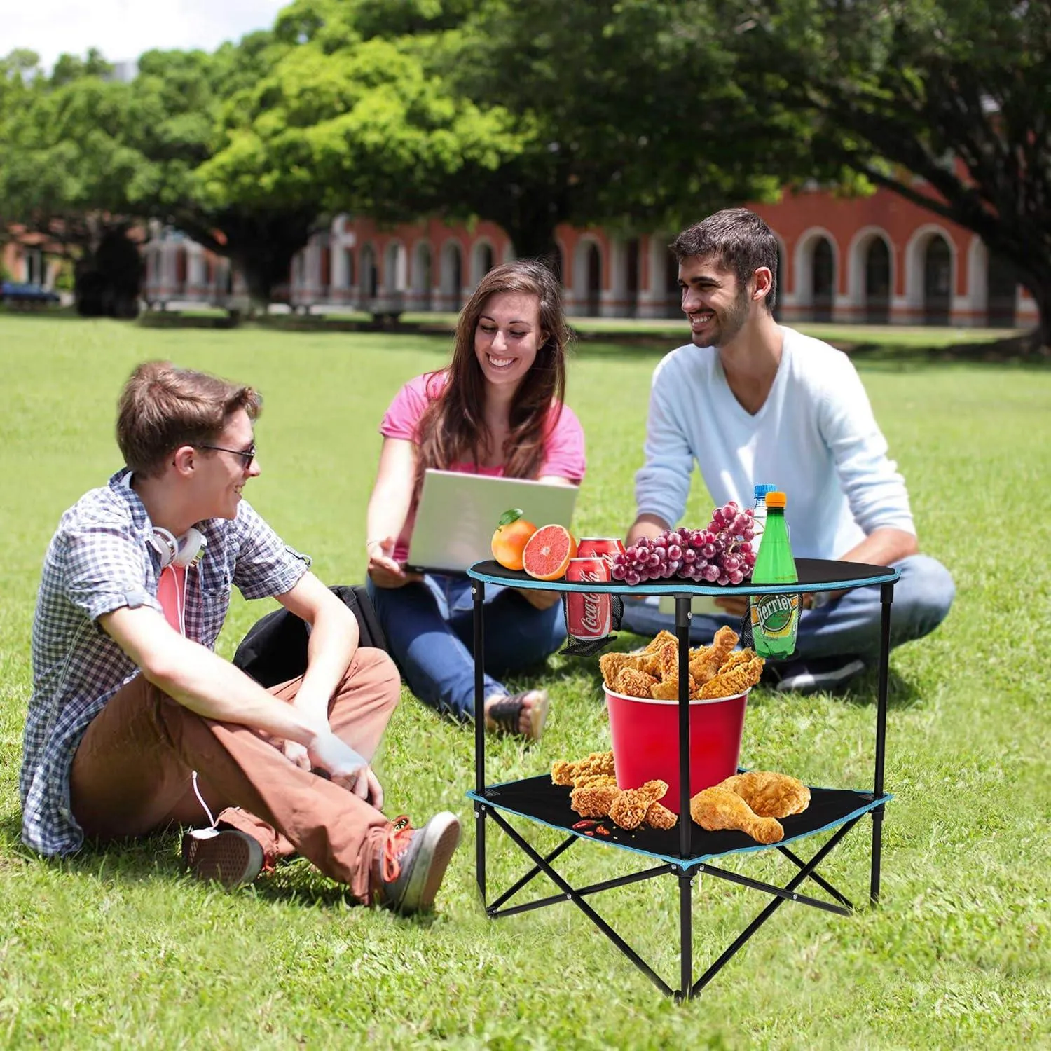 Round Outdoor Table Portable Small Folding Camping Table with Cup Holder and Carry Bag