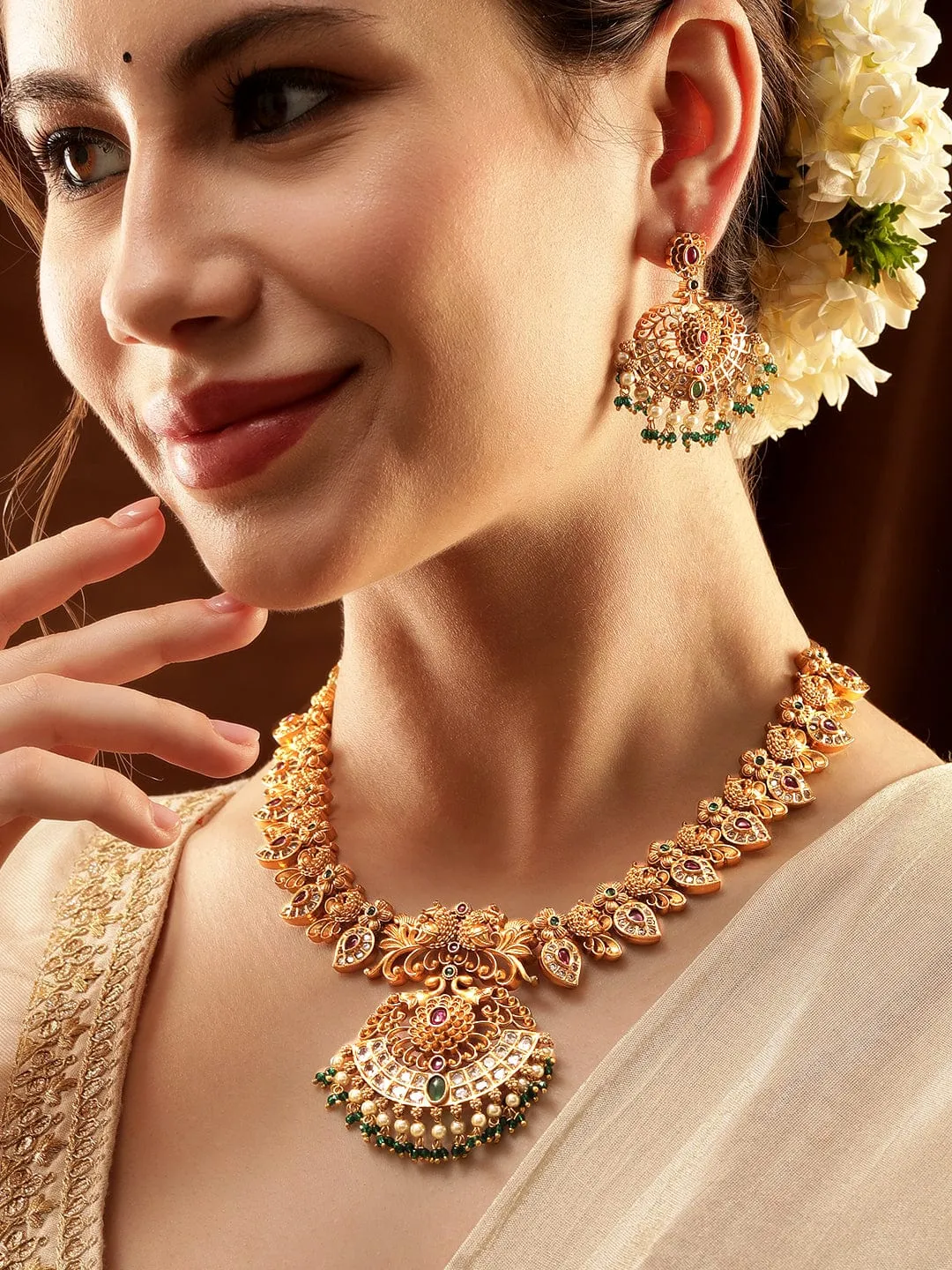 Rubans 22K Gold-Plated Peacock Motif Kemp & Zirconia Crystal Studded Pearl Beaded Handcrafted Necklace Set