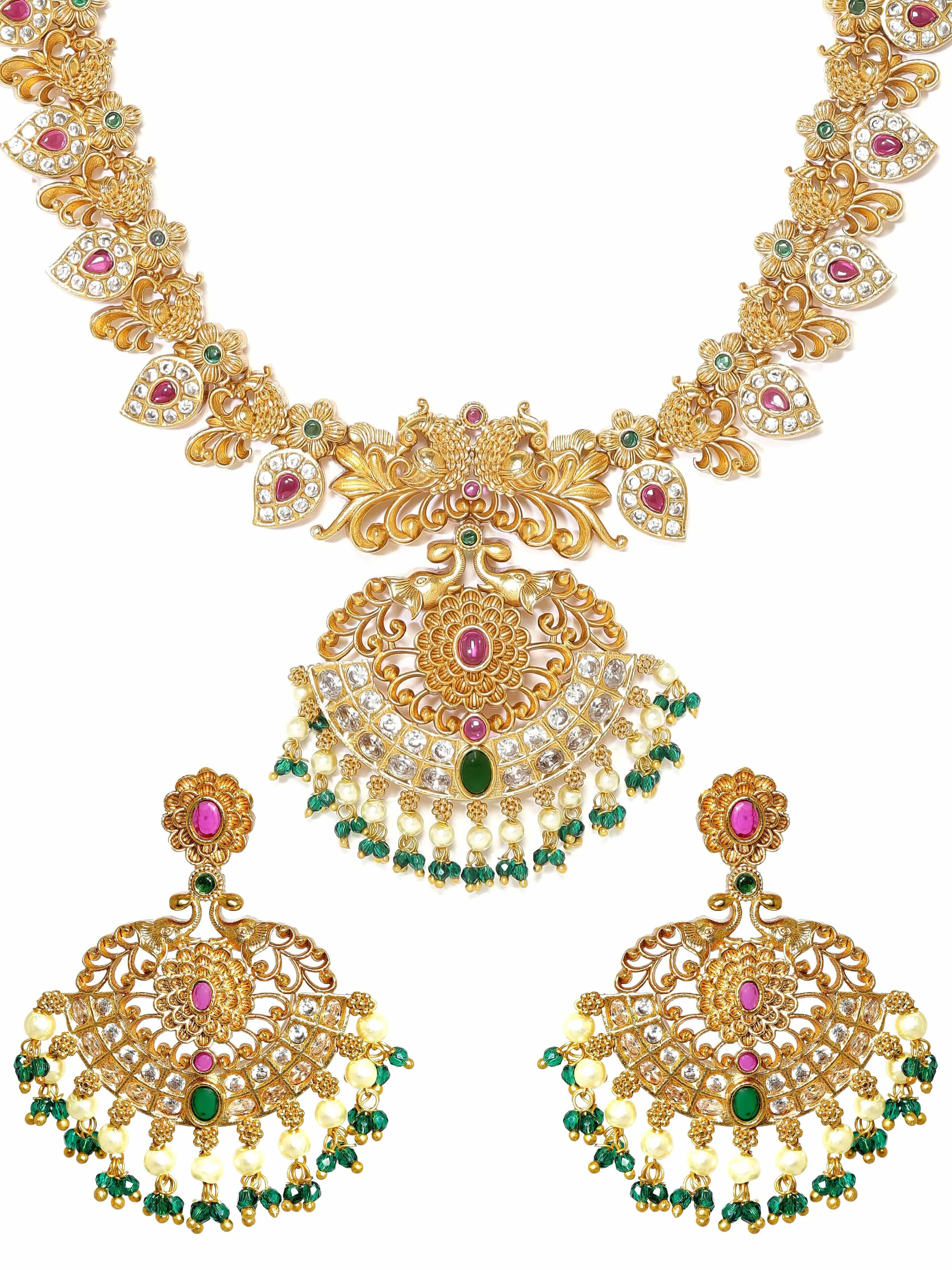 Rubans 22K Gold-Plated Peacock Motif Kemp & Zirconia Crystal Studded Pearl Beaded Handcrafted Necklace Set