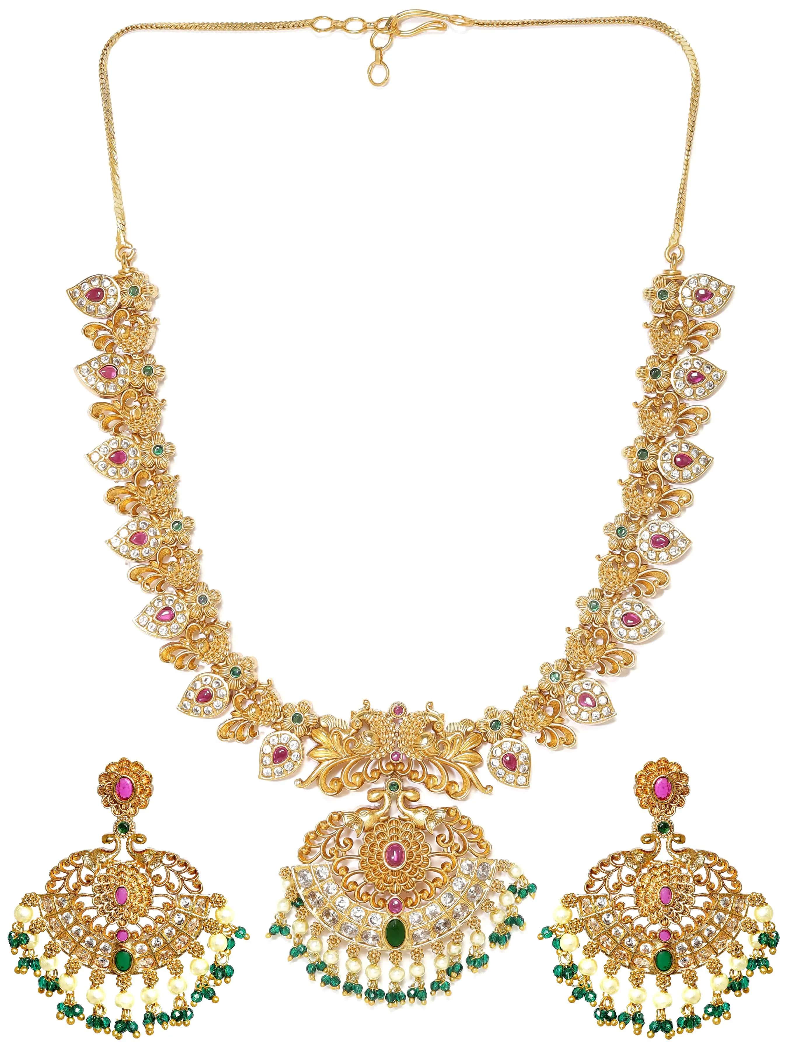 Rubans 22K Gold-Plated Peacock Motif Kemp & Zirconia Crystal Studded Pearl Beaded Handcrafted Necklace Set