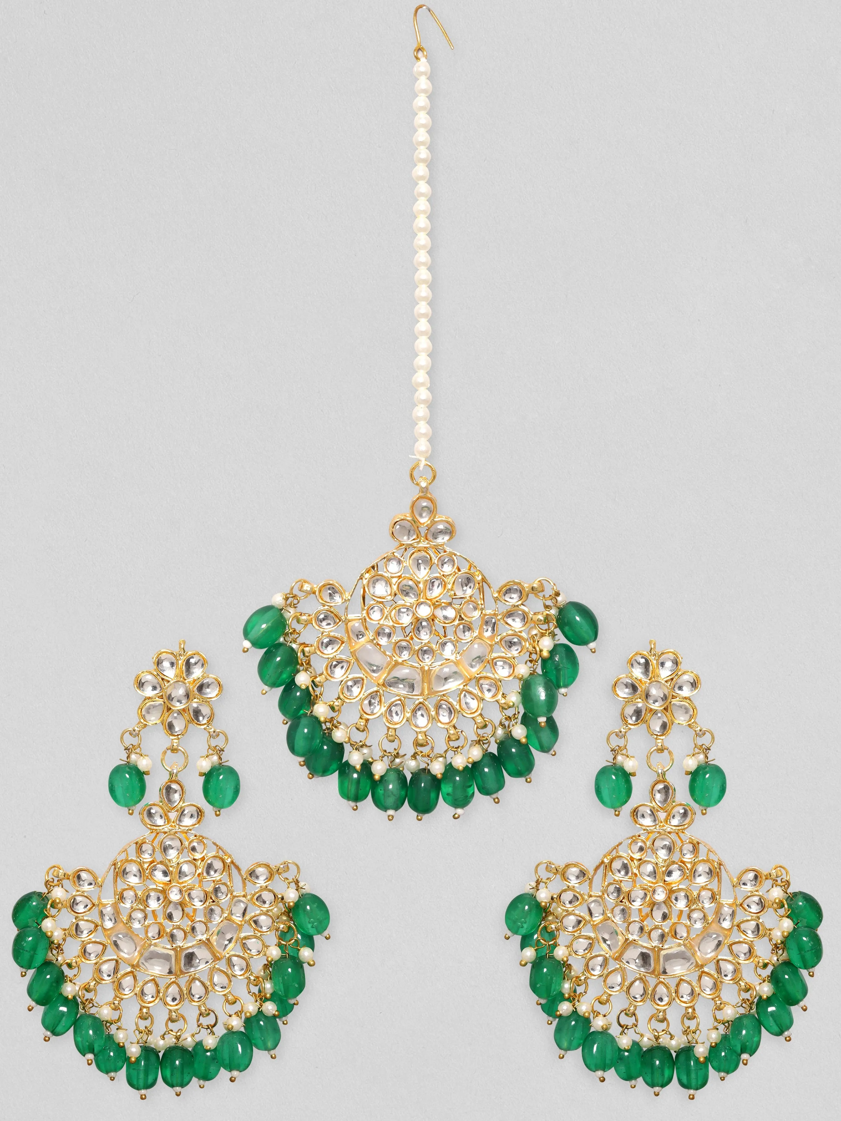 Rubans 24K Gold Toned Green Beaded Polki Studded Mangtika & Chandbali Earring Set