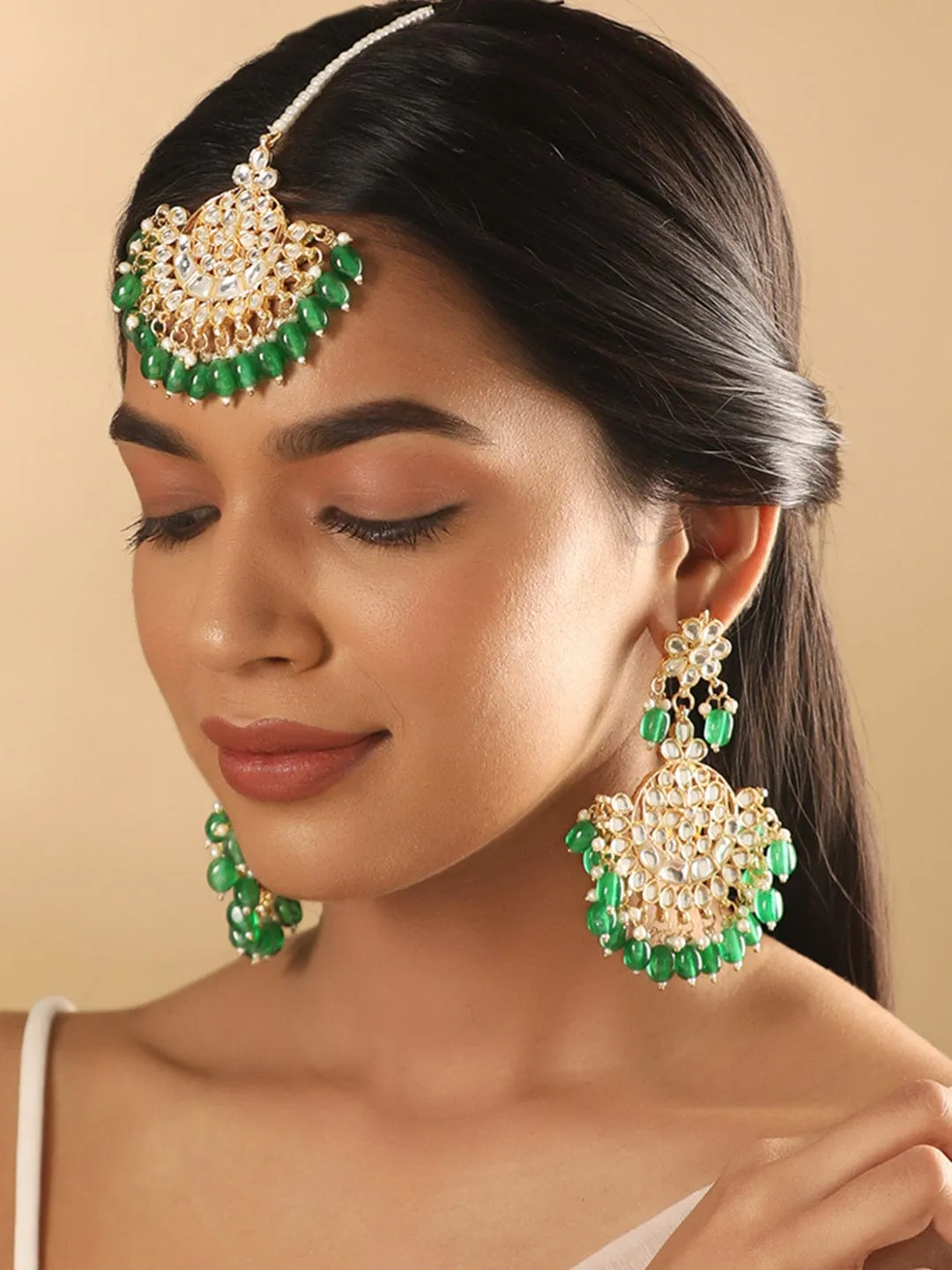 Rubans 24K Gold Toned Green Beaded Polki Studded Mangtika & Chandbali Earring Set