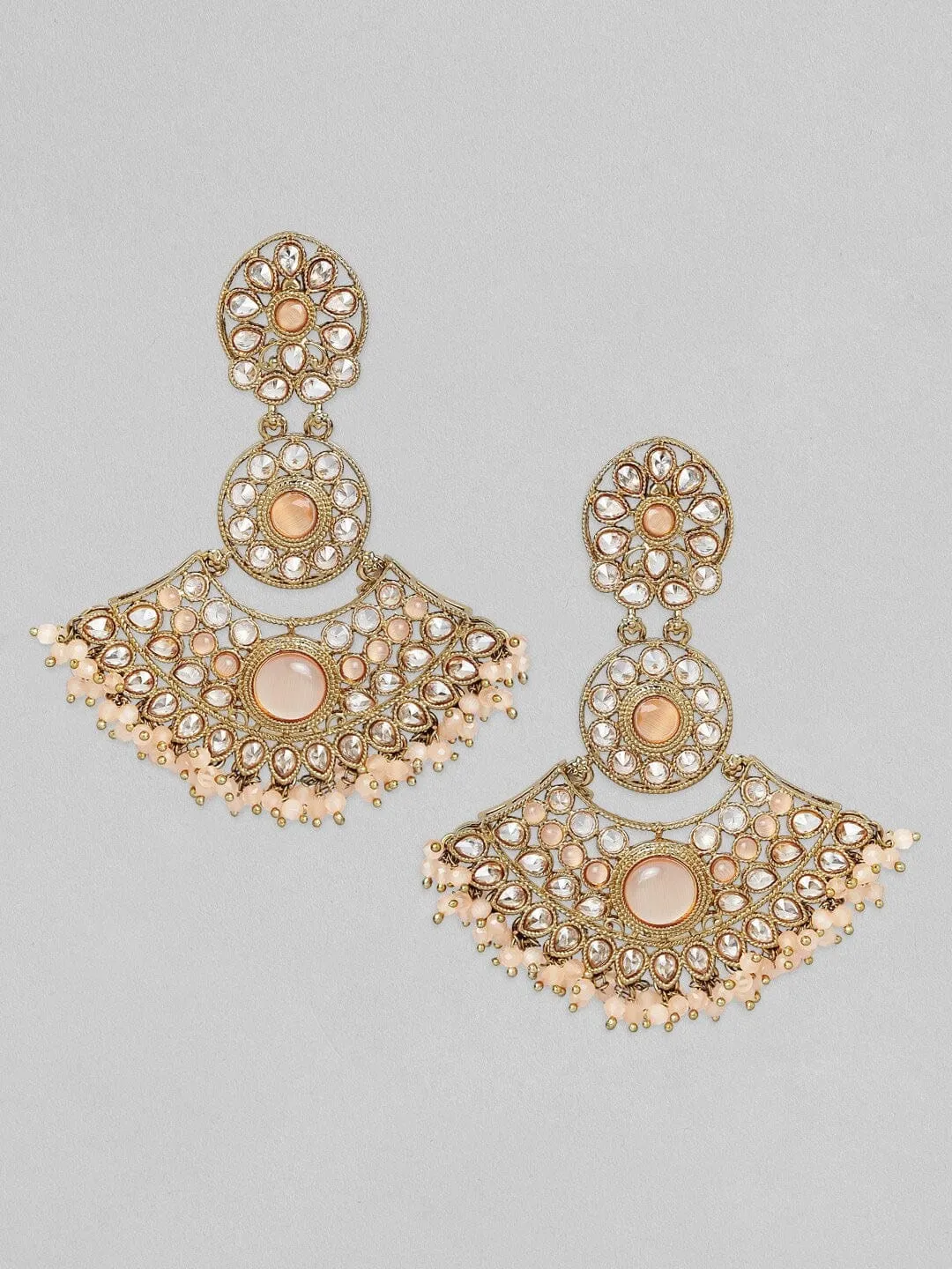 Rubans Gold Plated AD Studded Peach Colour Chandbali Earrings