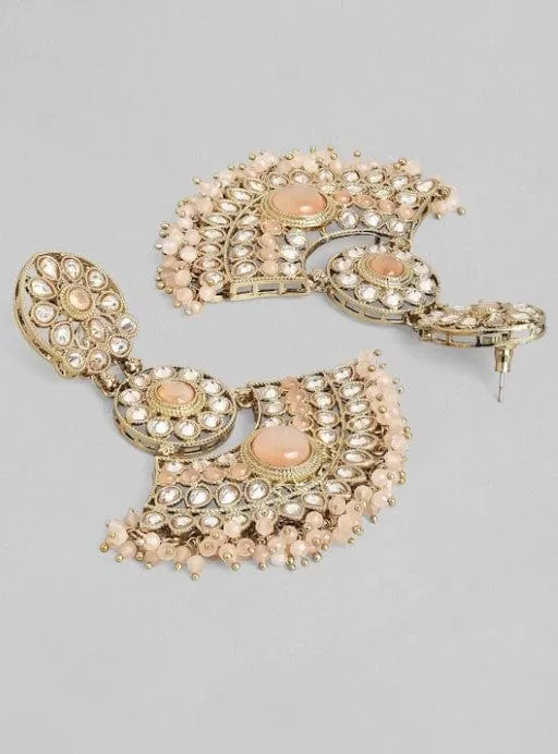 Rubans Gold Plated AD Studded Peach Colour Chandbali Earrings