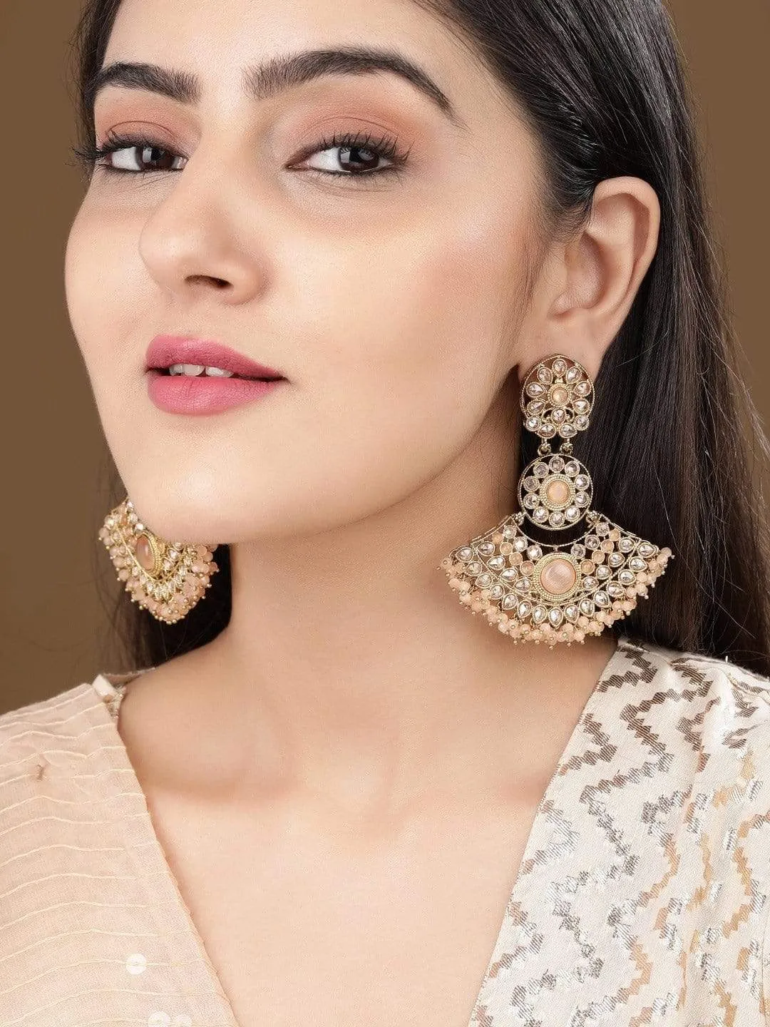 Rubans Gold Plated AD Studded Peach Colour Chandbali Earrings