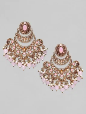 Rubans Gold Plated AD Studded with Pink Beads Chandbali Earrings