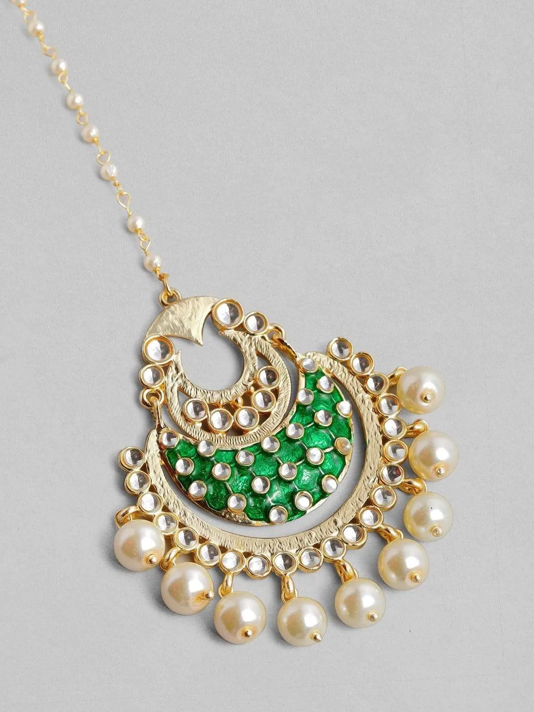 Rubans Gold-Plated White & Green Kundan-Studded Beaded Enamelled Handcrafted Maang Tikka